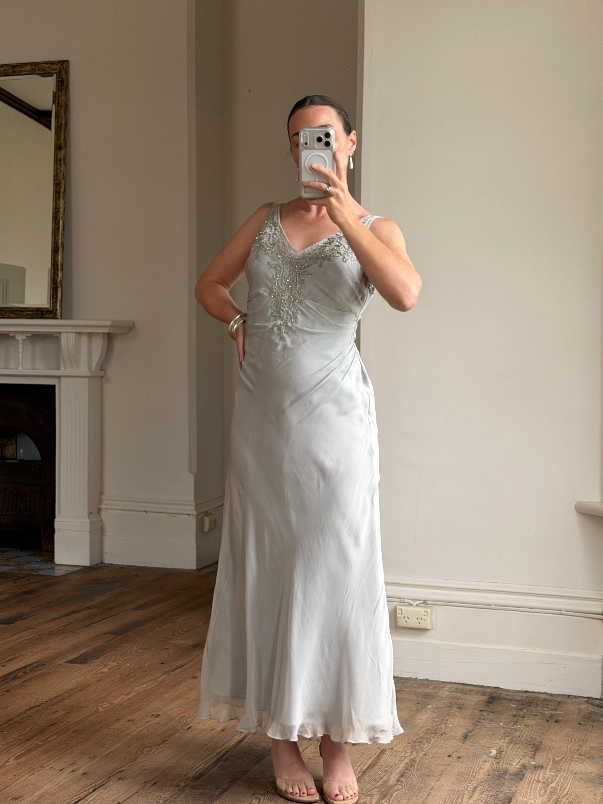 Vintage 90s Silver Grey Beaded Silk Slip Dress and Tie Shawl