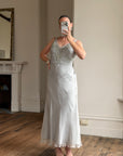 Vintage 90s Silver Grey Beaded Silk Slip Dress and Tie Shawl