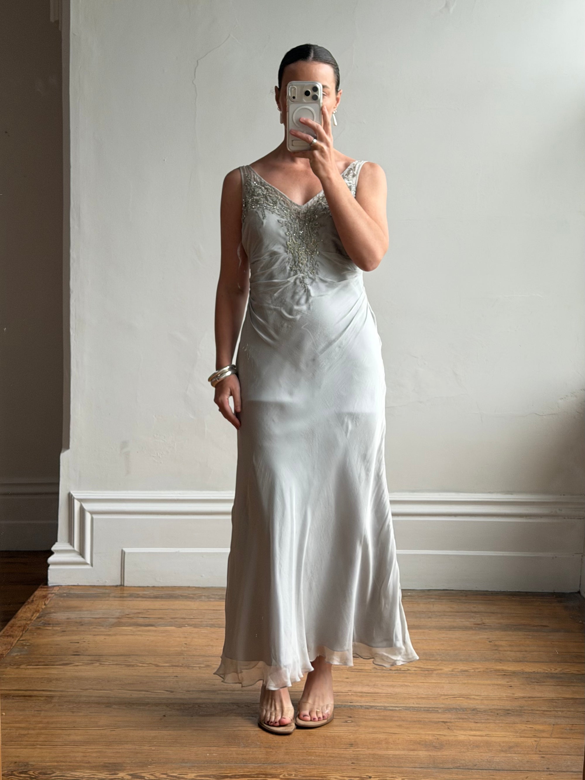 Vintage 90s Silver Grey Beaded Silk Slip Dress and Tie Shawl