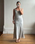 Vintage 90s Silver Grey Beaded Silk Slip Dress and Tie Shawl