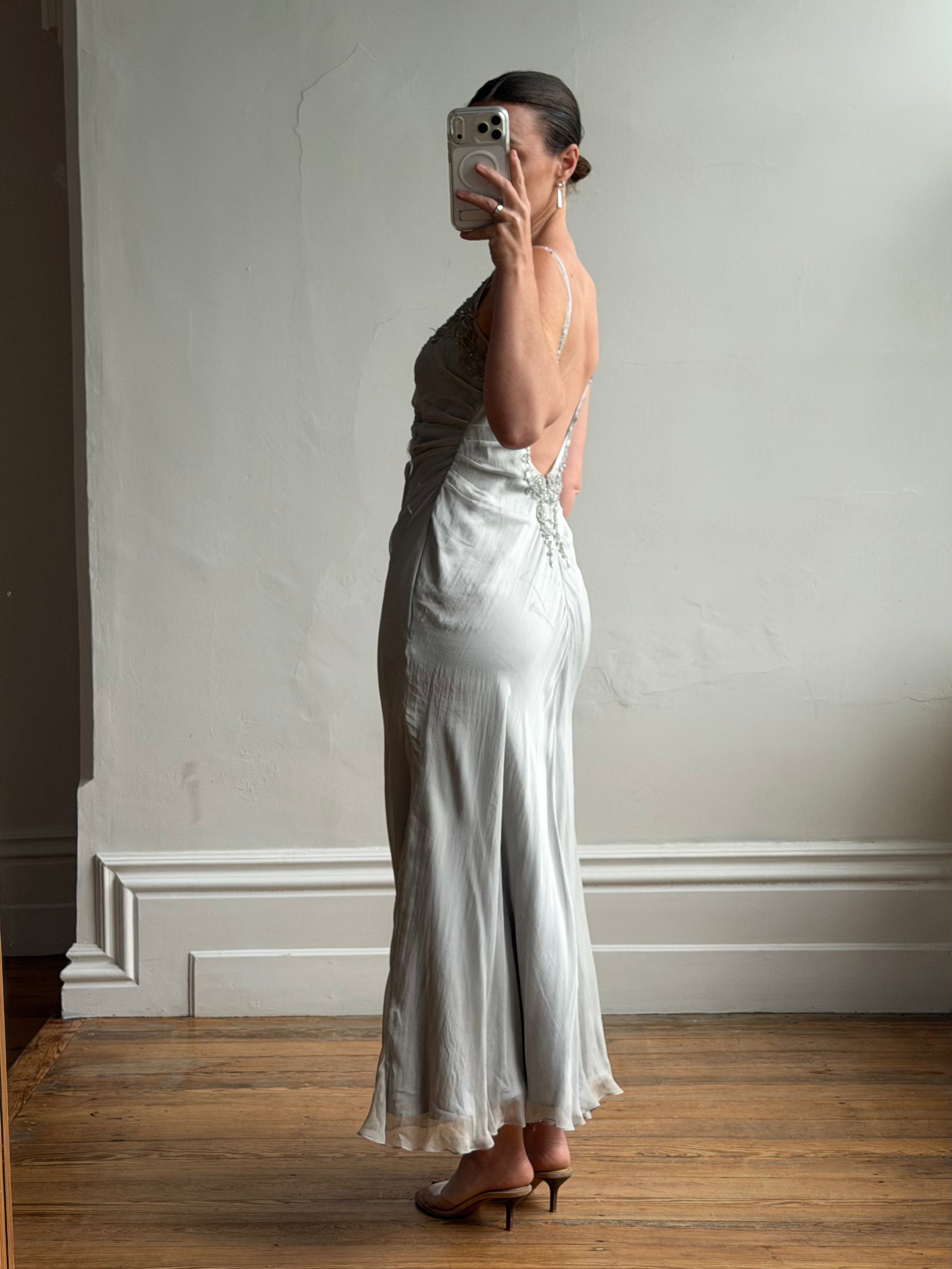 Vintage 90s Silver Grey Beaded Silk Slip Dress and Tie Shawl