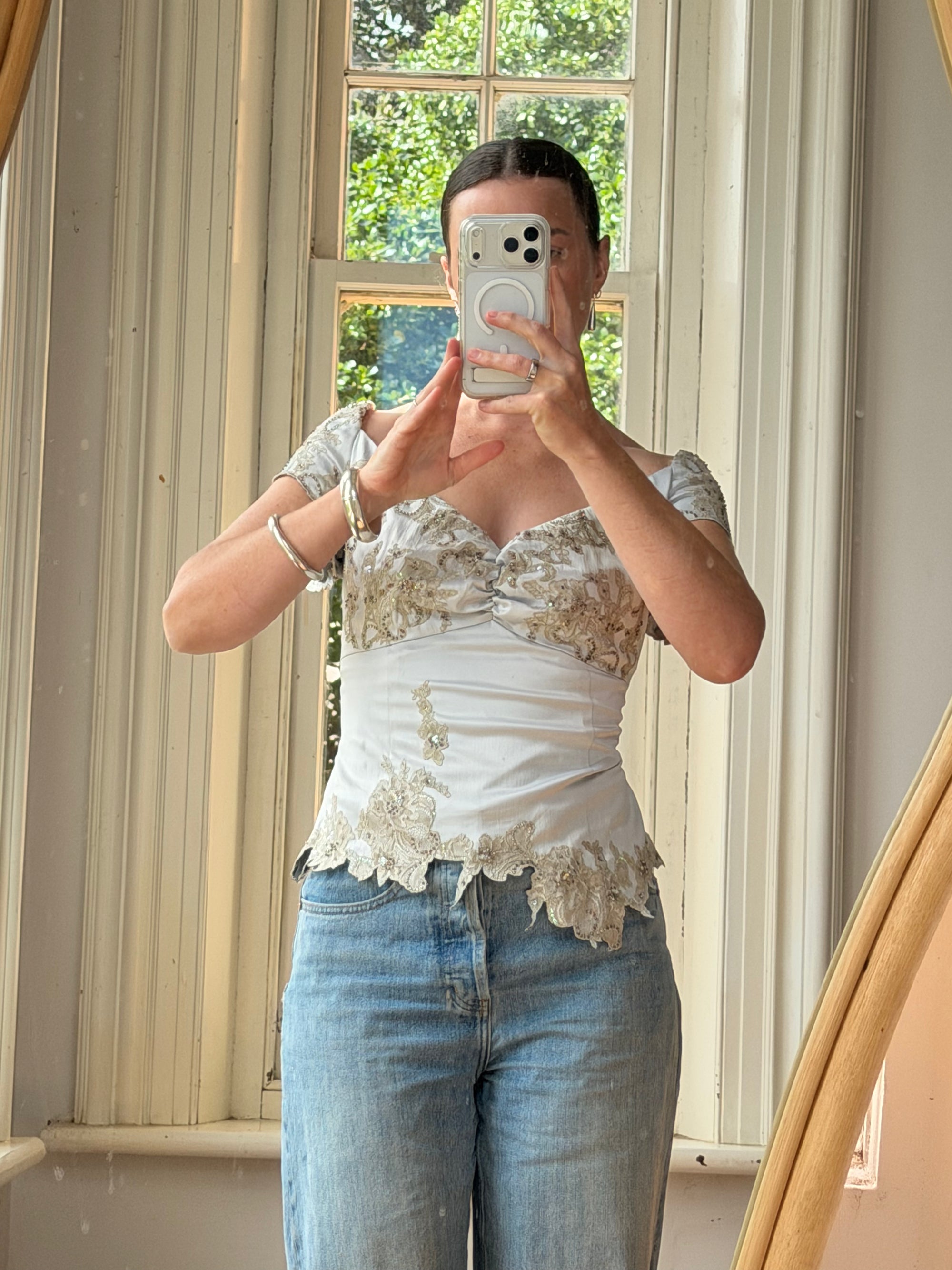 Vintage Y2K Silver Mandalay Satin Beaded Lace Appliqué Top