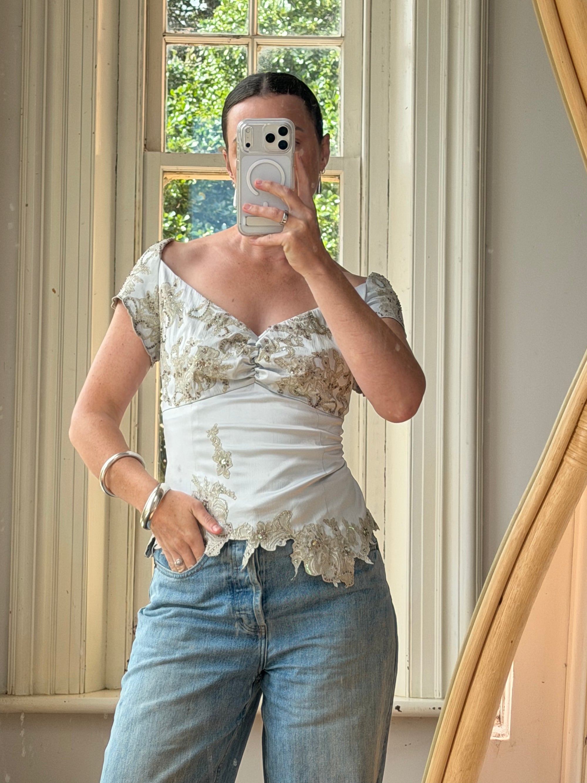 Vintage Y2K Silver Mandalay Satin Beaded Lace Appliqué Top