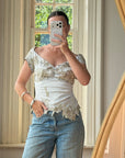Vintage Y2K Silver Mandalay Satin Beaded Lace Appliqué Top