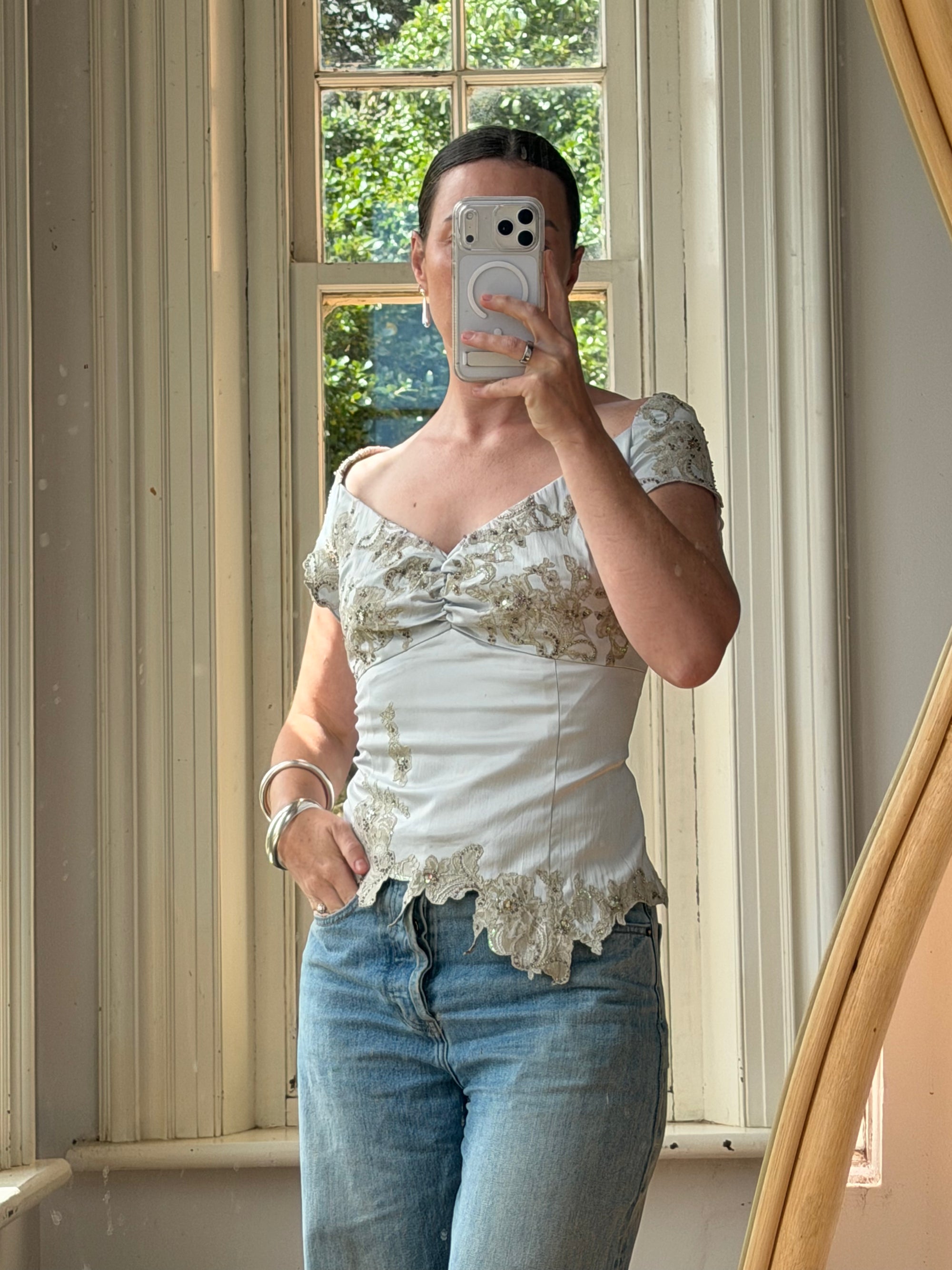 Vintage Y2K Silver Mandalay Satin Beaded Lace Appliqué Top