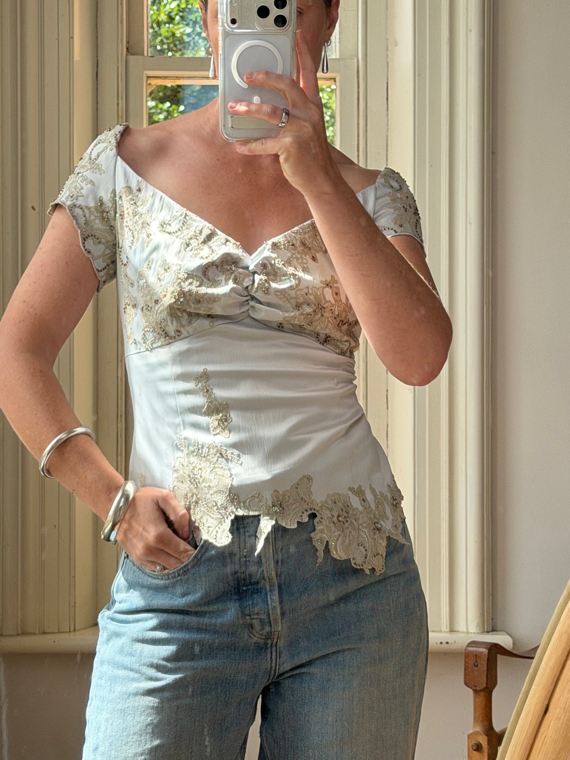 Vintage Y2K Silver Mandalay Satin Beaded Lace Appliqué Top
