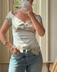 Vintage Y2K Silver Mandalay Satin Beaded Lace Appliqué Top