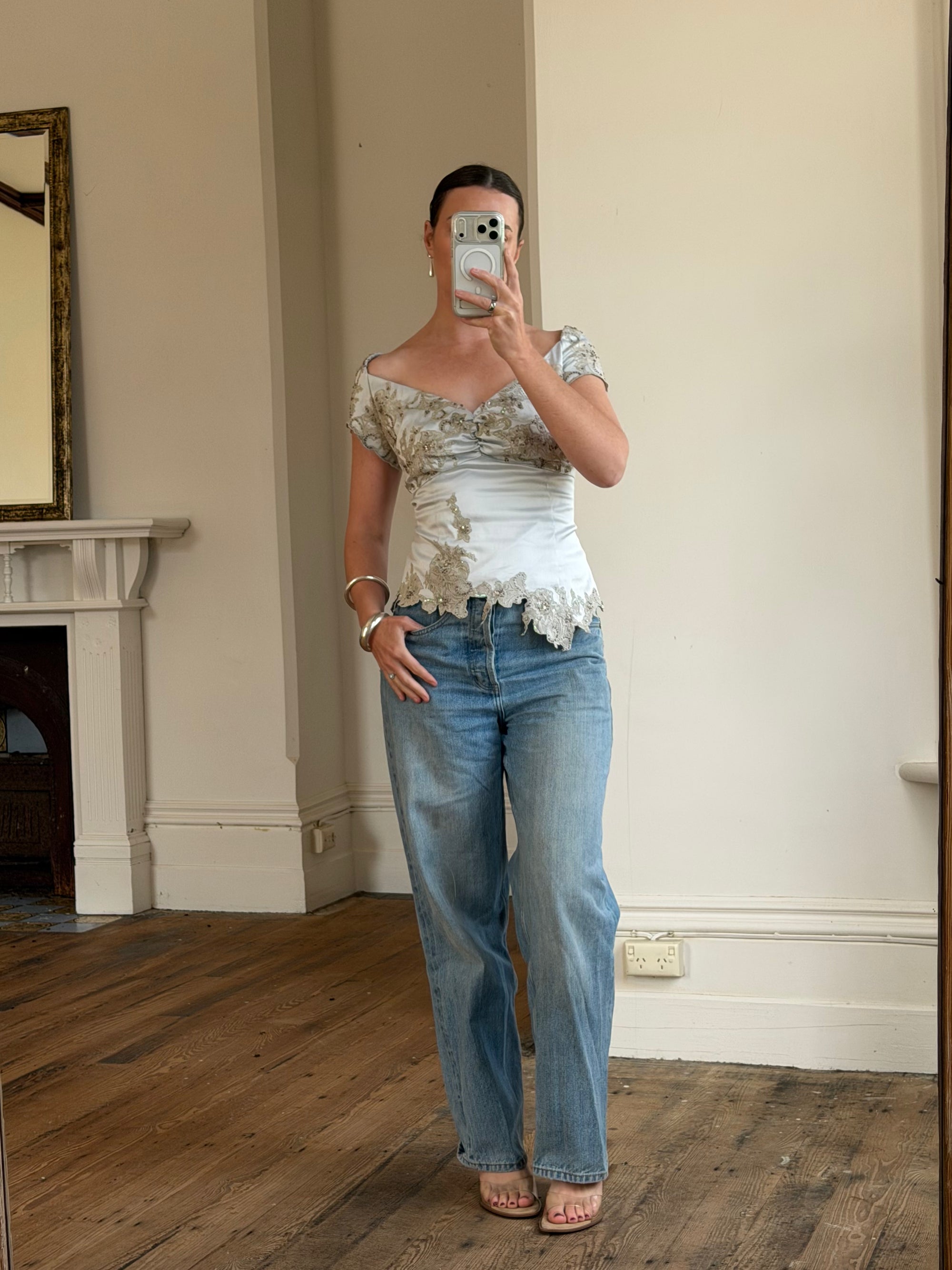 Vintage Y2K Silver Mandalay Satin Beaded Lace Appliqué Top