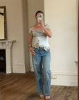 Vintage Y2K Silver Mandalay Satin Beaded Lace Appliqué Top