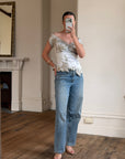 Vintage Y2K Silver Mandalay Satin Beaded Lace Appliqué Top