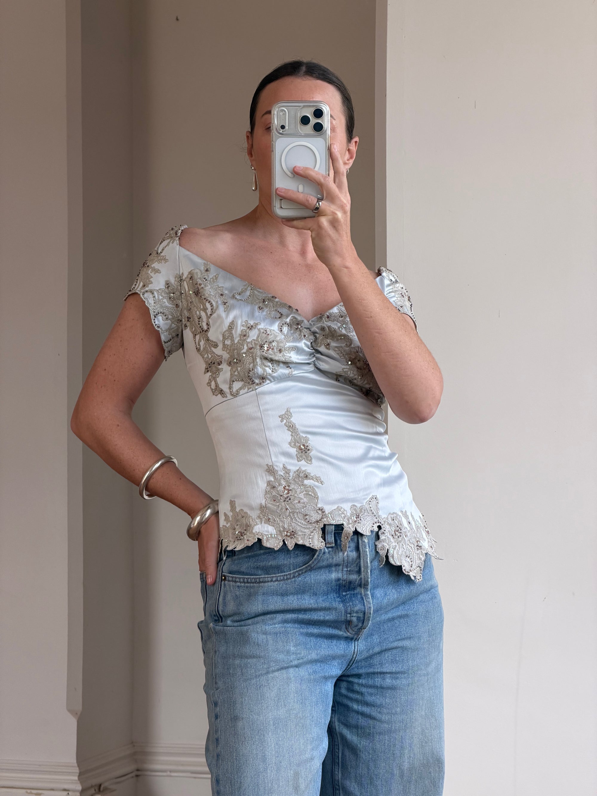 Vintage Y2K Silver Mandalay Satin Beaded Lace Appliqué Top