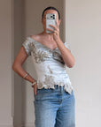 Vintage Y2K Silver Mandalay Satin Beaded Lace Appliqué Top