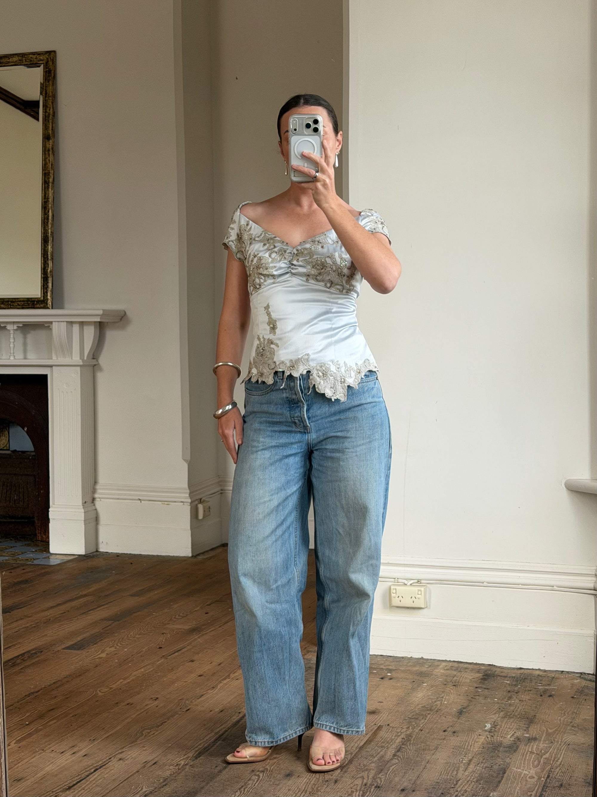 Vintage Y2K Silver Mandalay Satin Beaded Lace Appliqué Top