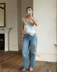 Vintage Y2K Silver Mandalay Satin Beaded Lace Appliqué Top