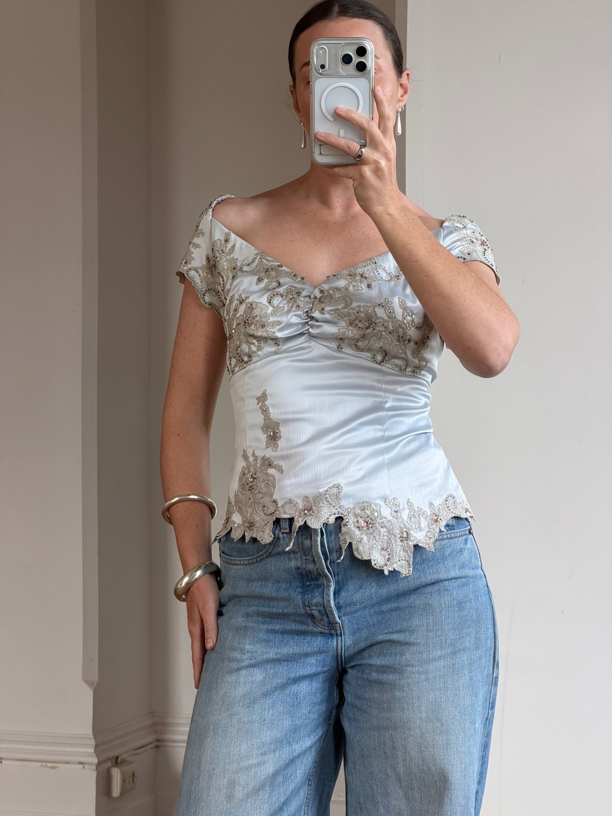 Vintage Y2K Silver Mandalay Satin Beaded Lace Appliqué Top