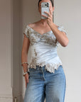 Vintage Y2K Silver Mandalay Satin Beaded Lace Appliqué Top