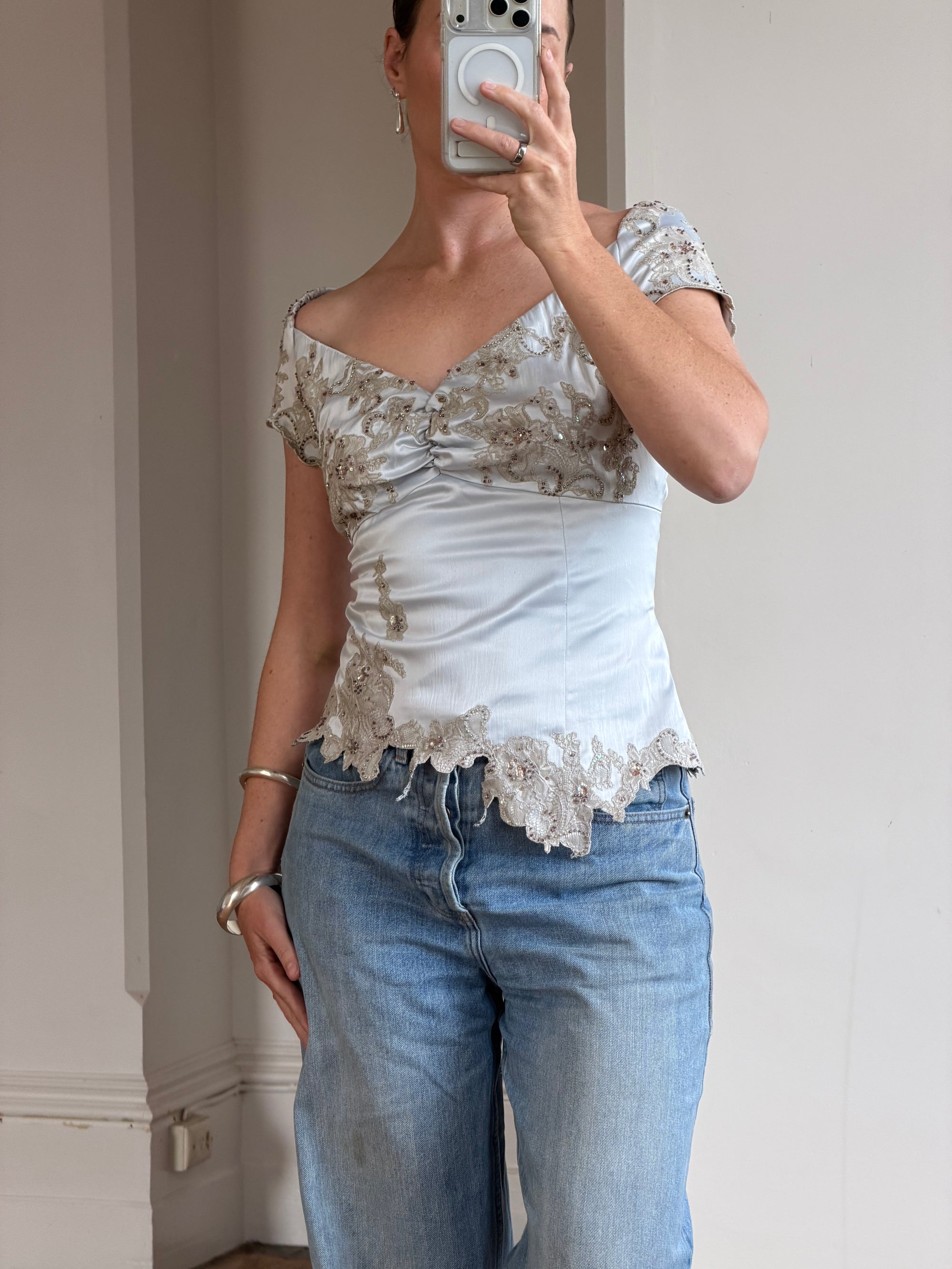 Vintage Y2K Silver Mandalay Satin Beaded Lace Appliqué Top
