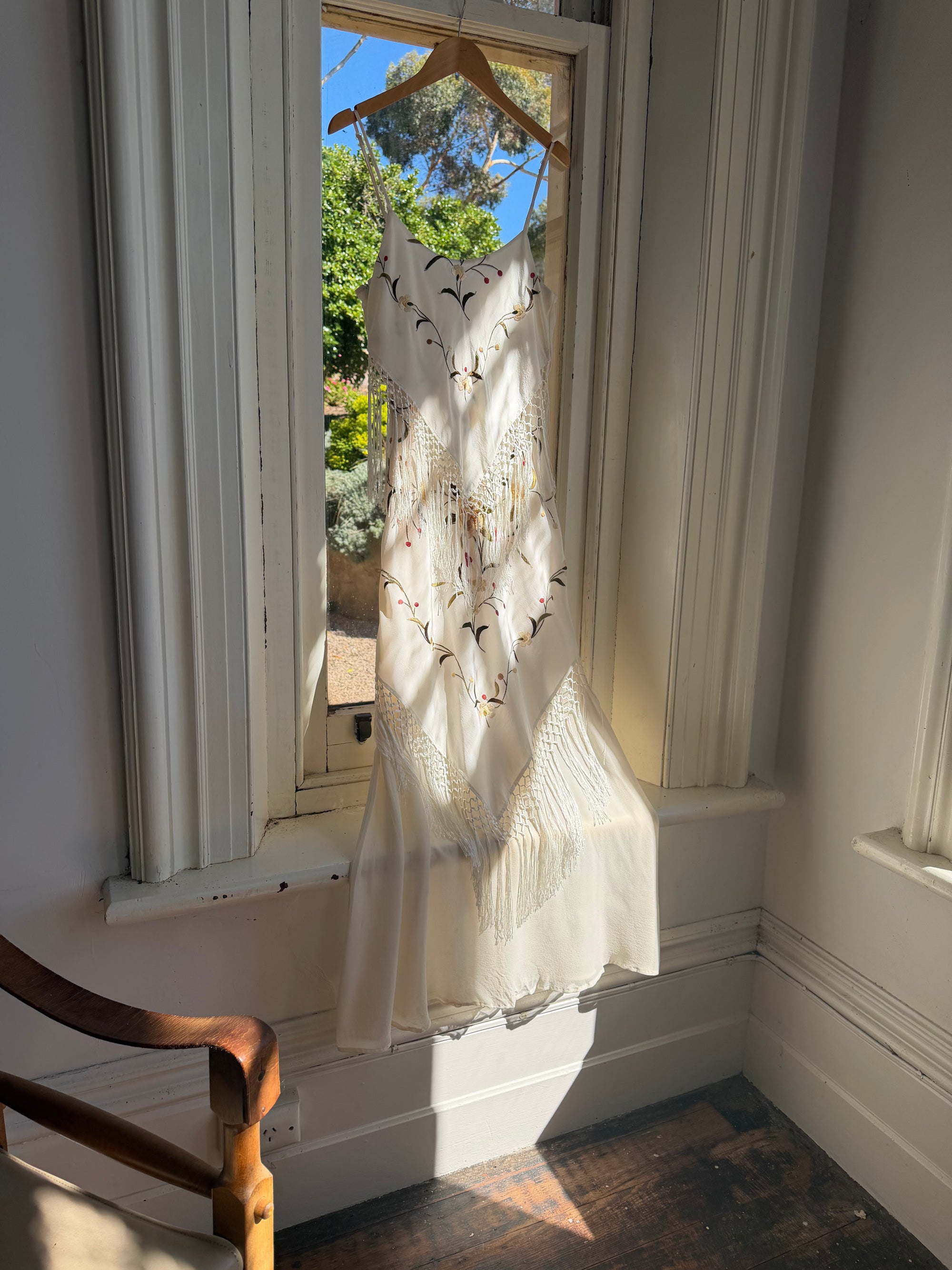 Vintage 90s Pure Silk Embroidered Fringe Maxi Dress Ivory