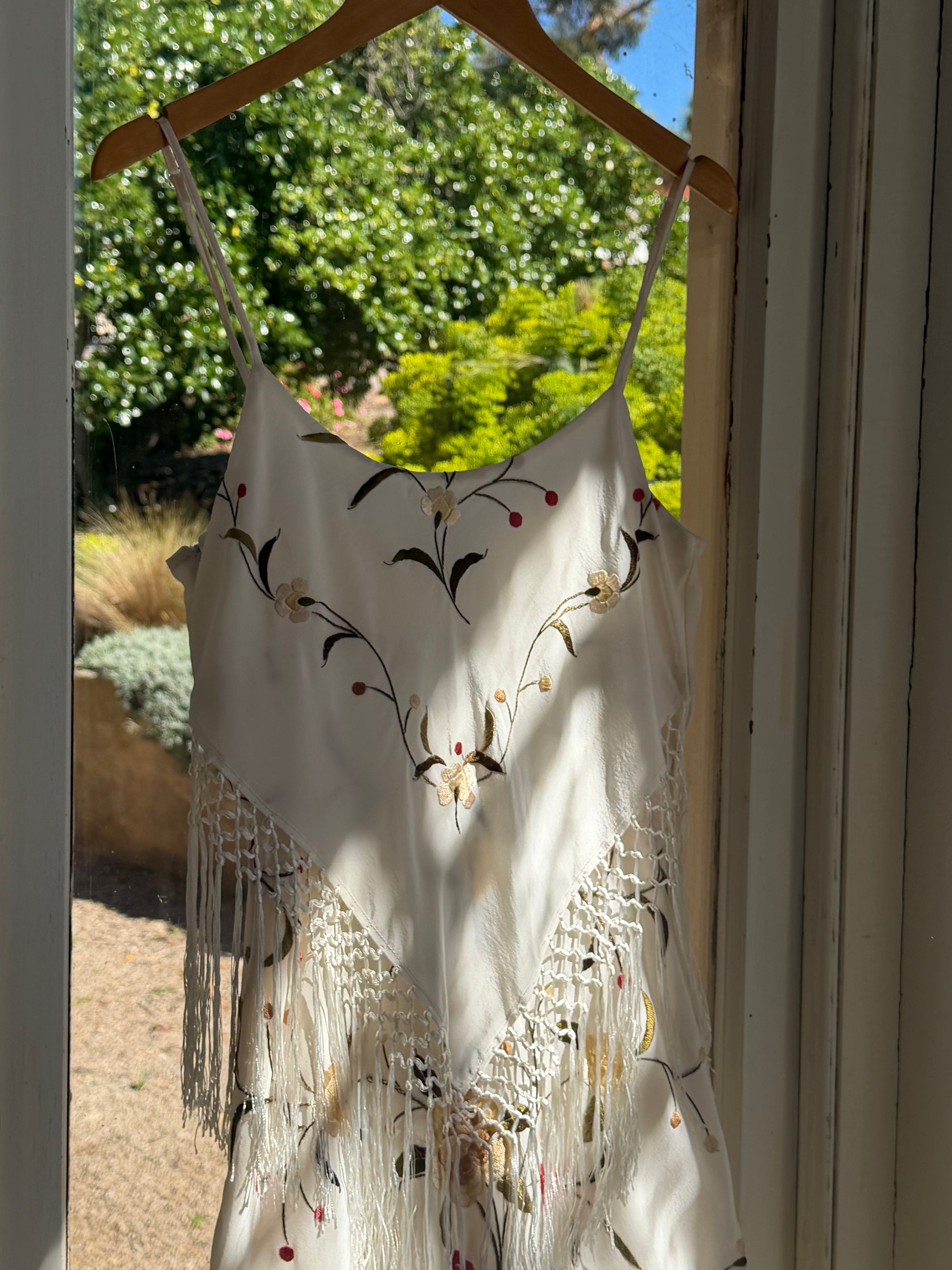 Vintage 90s Pure Silk Embroidered Fringe Maxi Dress Ivory