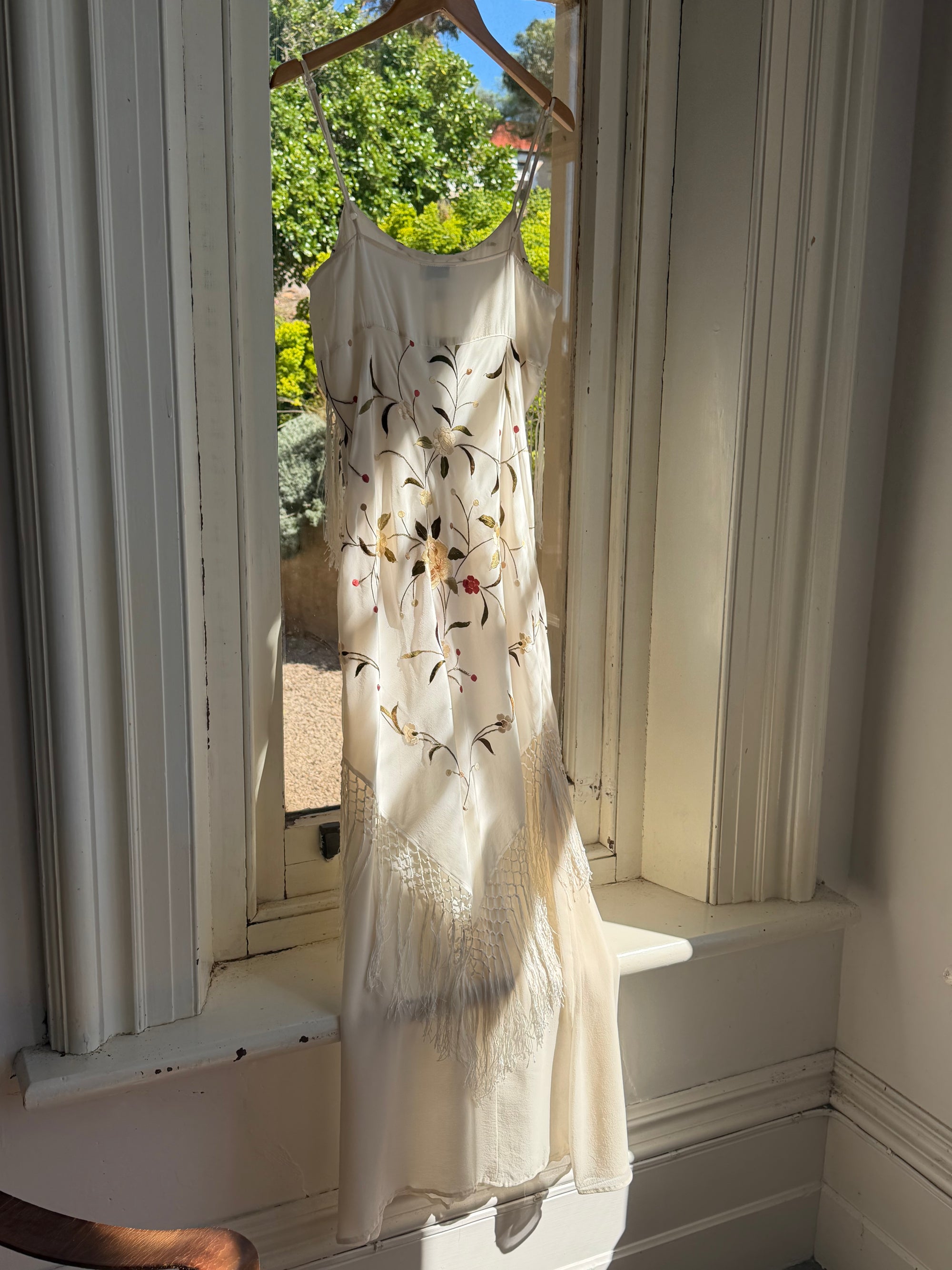 Vintage 90s Pure Silk Embroidered Fringe Maxi Dress Ivory
