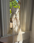 Vintage 90s Pure Silk Embroidered Fringe Maxi Dress Ivory