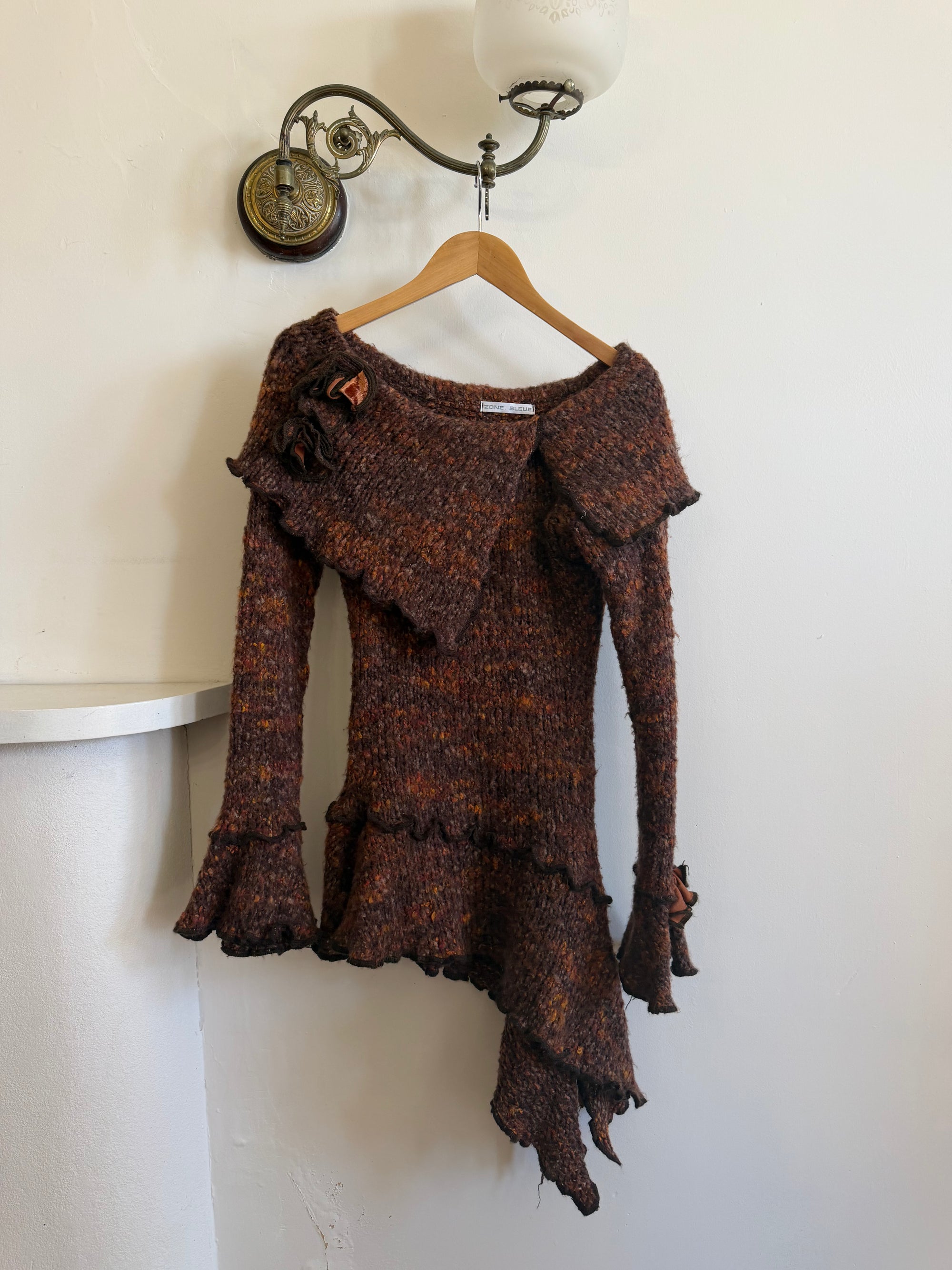 Vintage 90s Chunky Knit Fairy Top with Flowers Rust