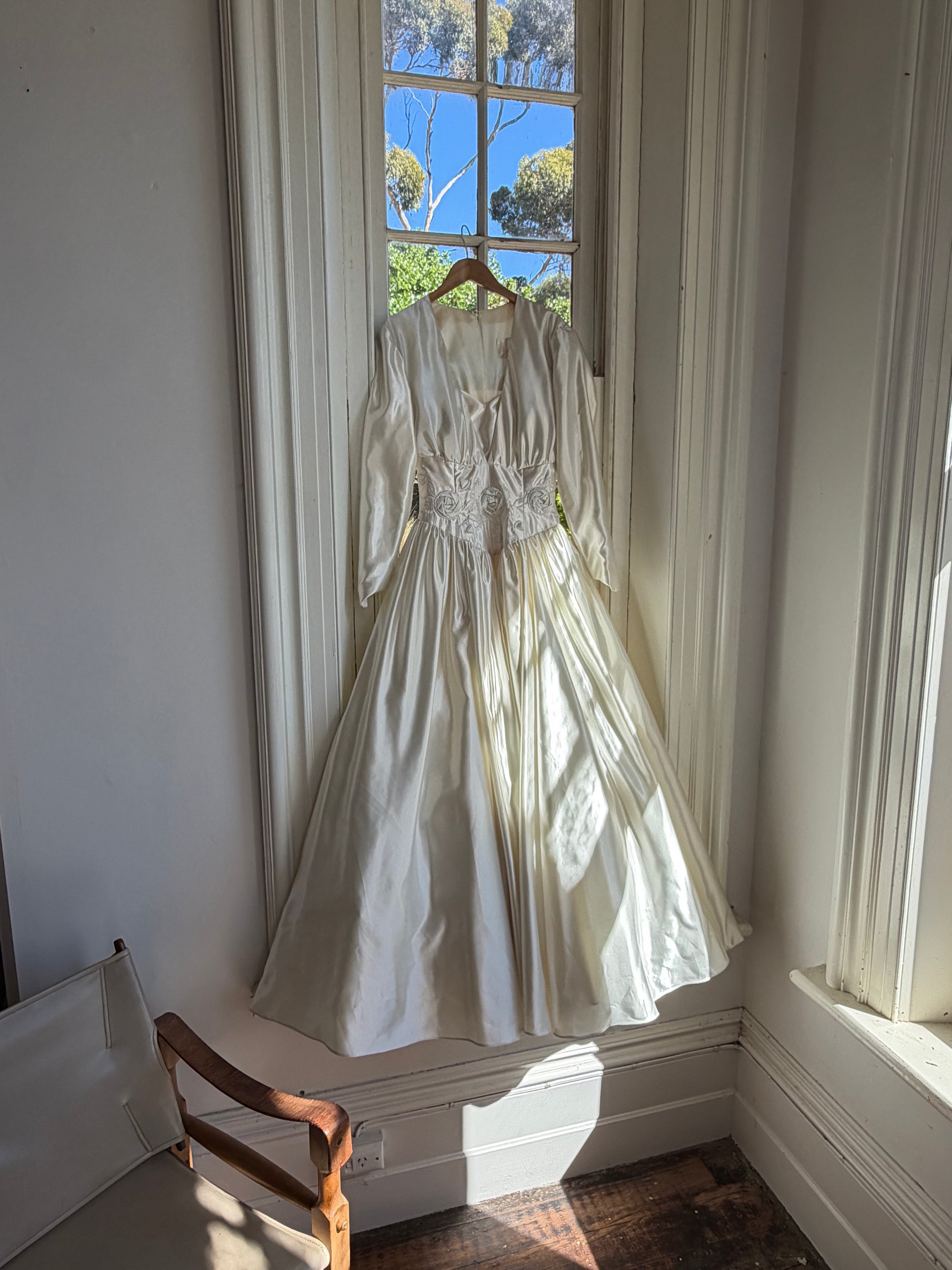 Vintage 90s Australian Made Satin Rosette Basque Waist Ballgown