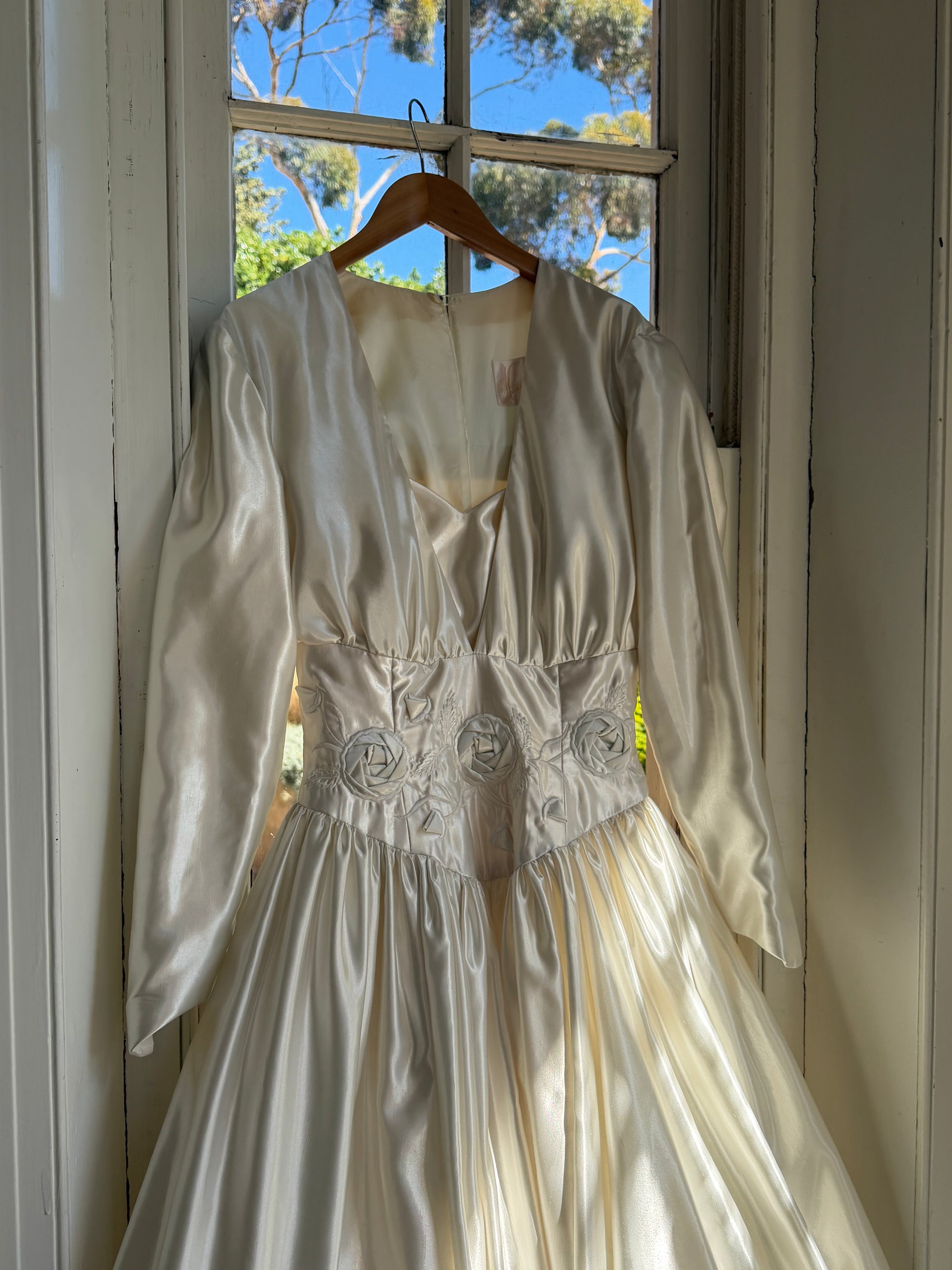 Vintage 90s Australian Made Satin Rosette Basque Waist Ballgown