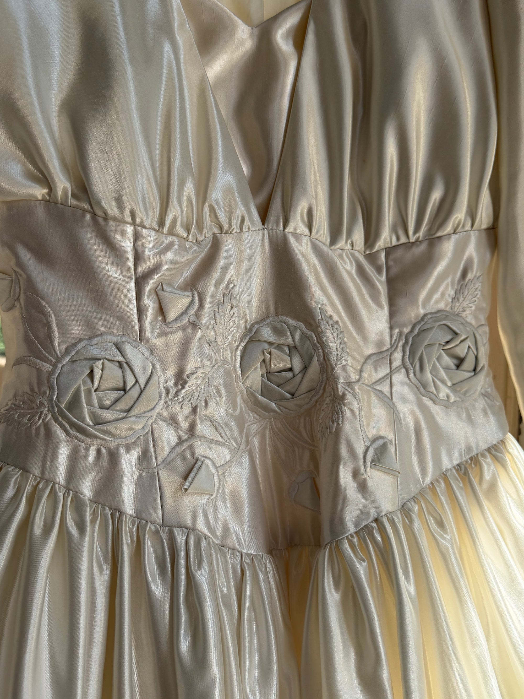 Vintage 90s Australian Made Satin Rosette Basque Waist Ballgown