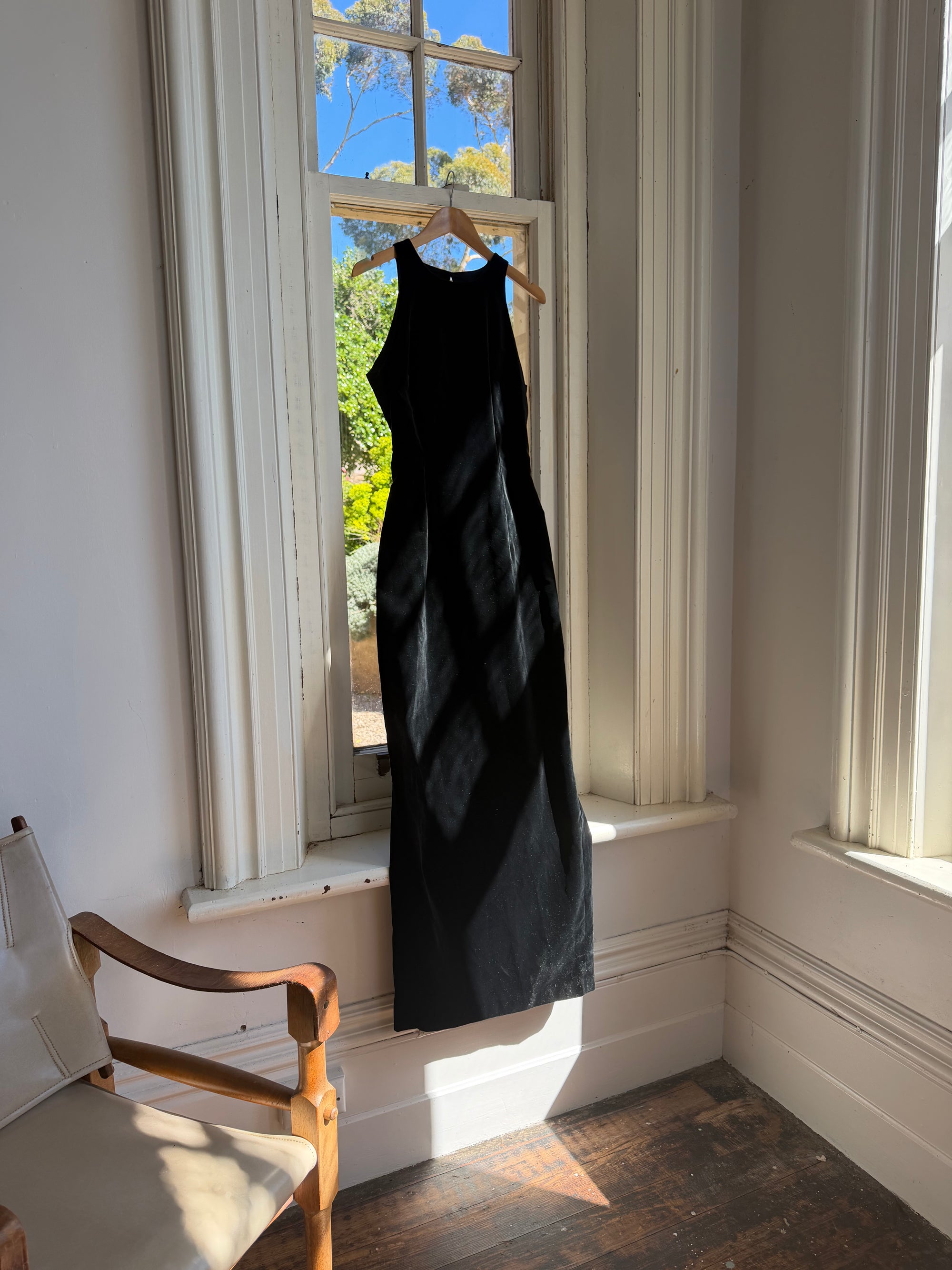 Vintage 90s Velvet Open Back Minimalist Maxi Dress