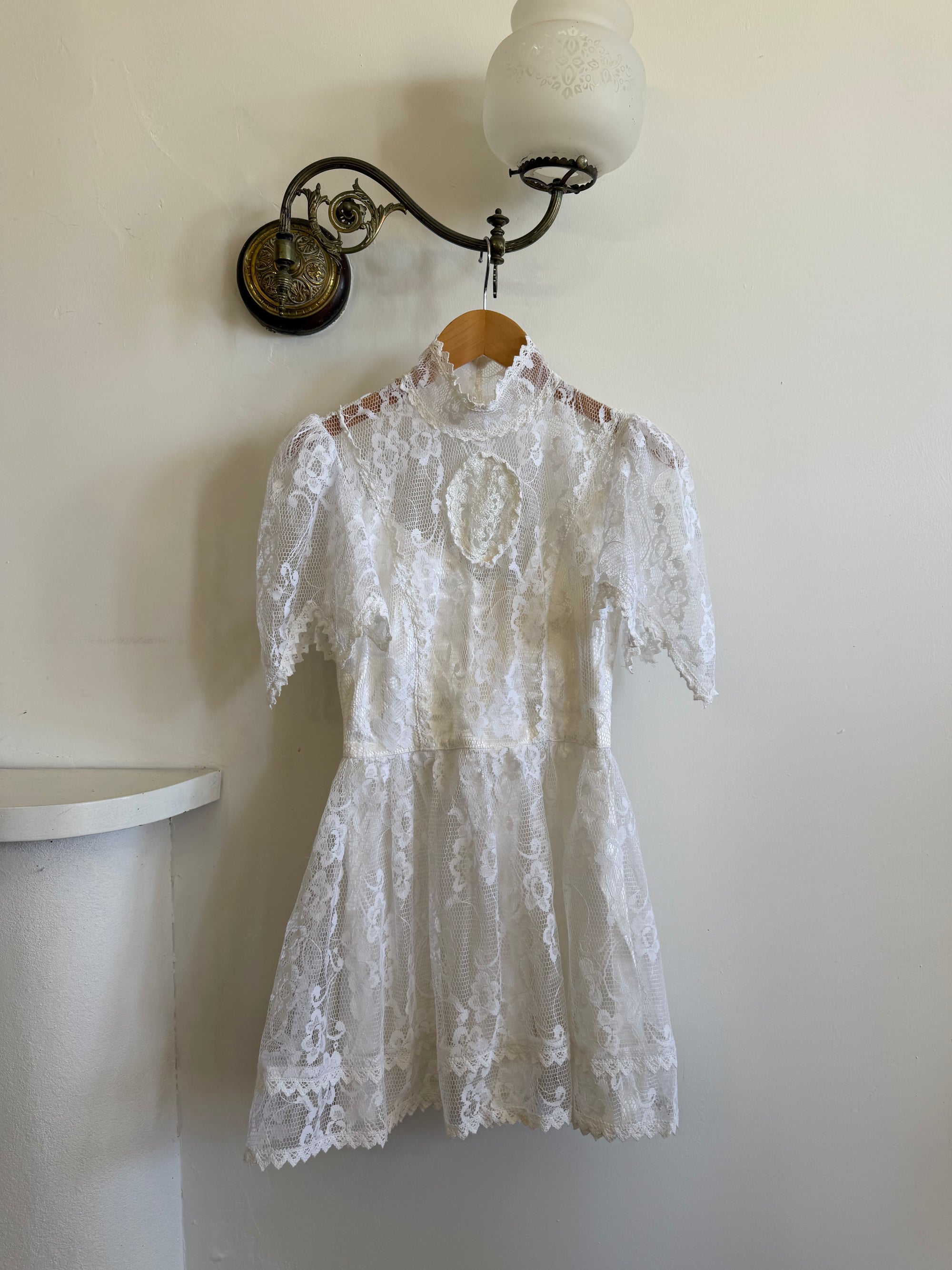 Vintage 70s Prairie Lace Micro Mini Bridal Dress