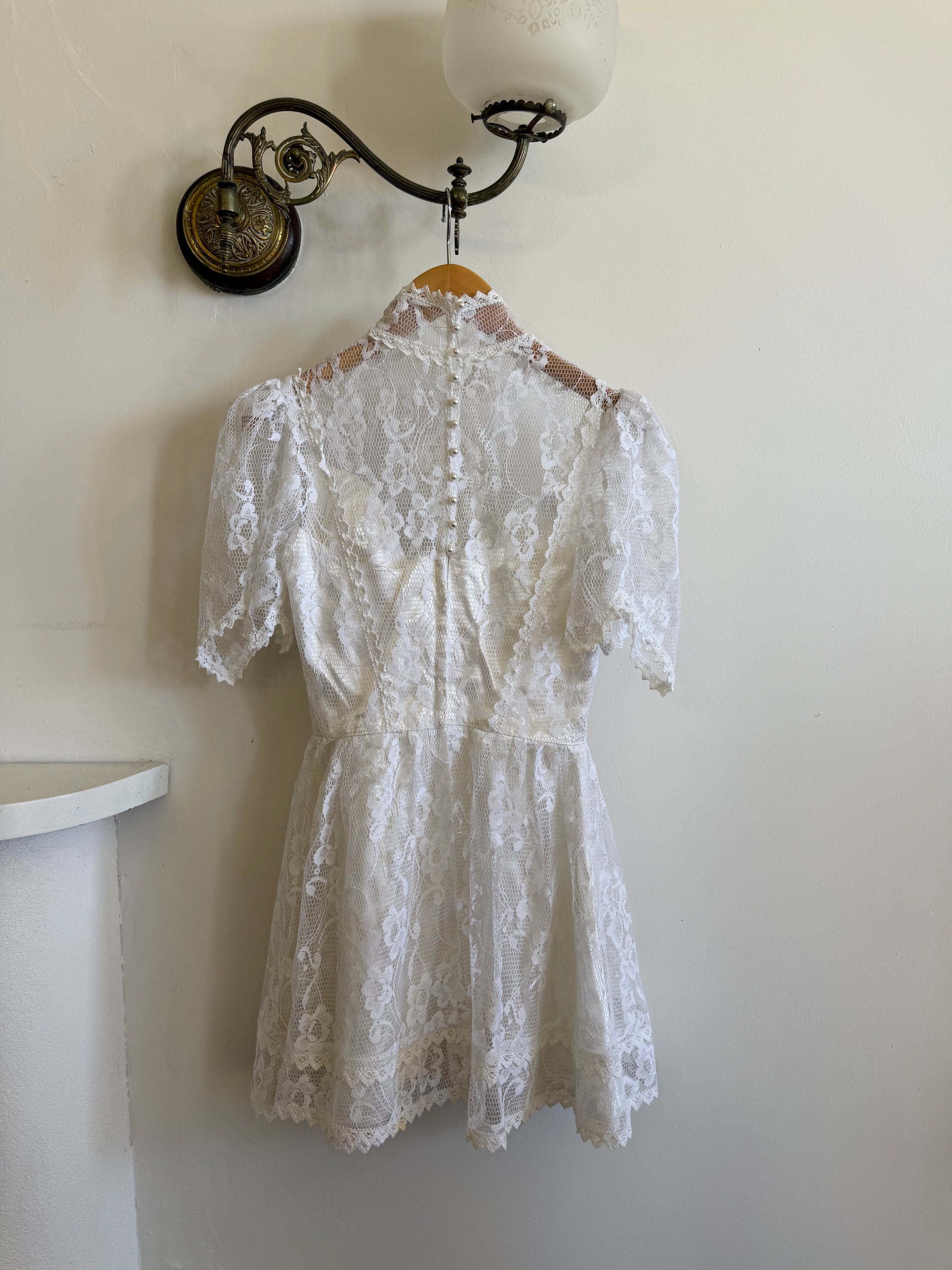 Vintage 70s Prairie Lace Micro Mini Bridal Dress