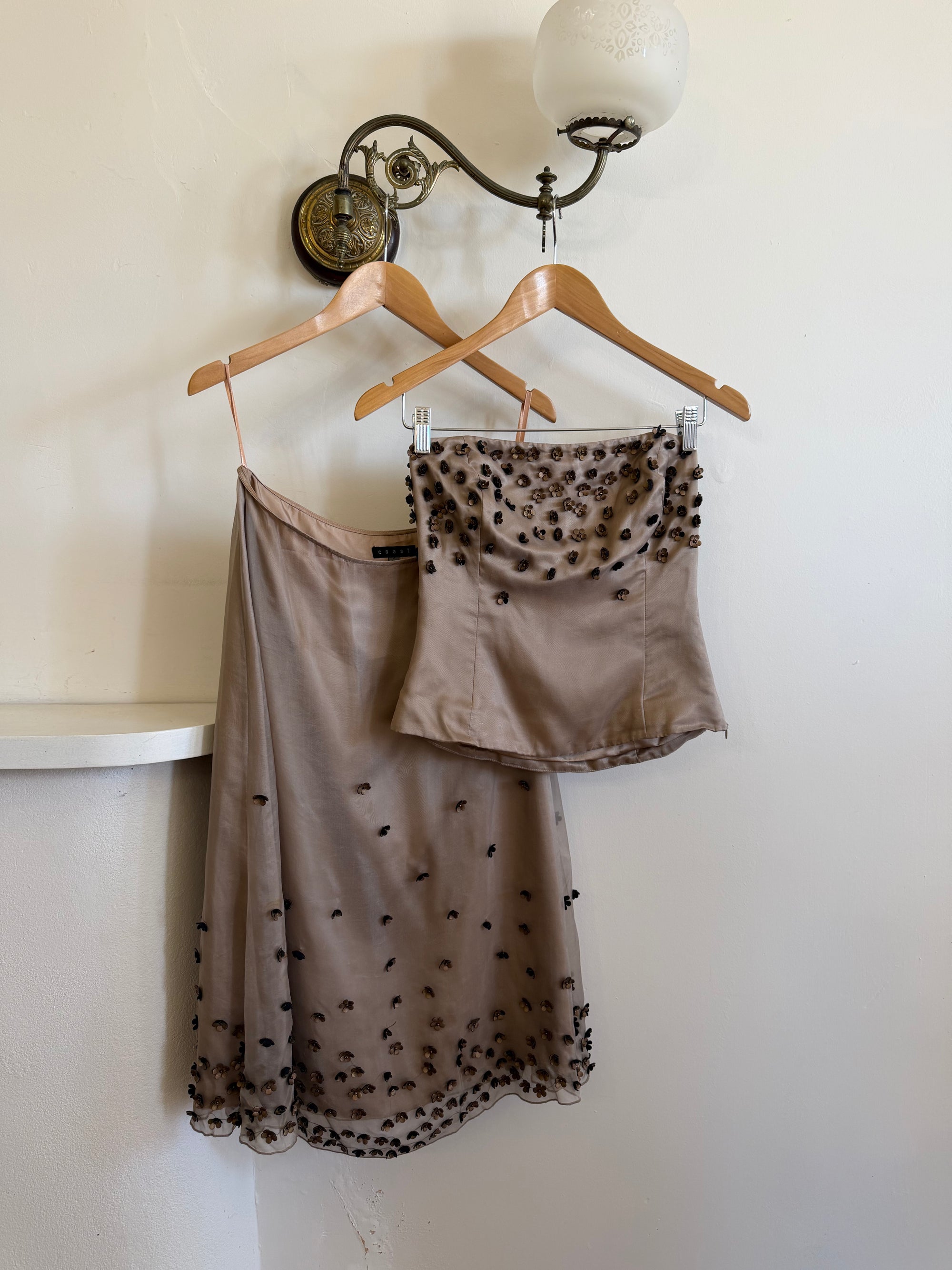Vintage Y2K Mocha Silk Organza Set With 3D Floral Applique