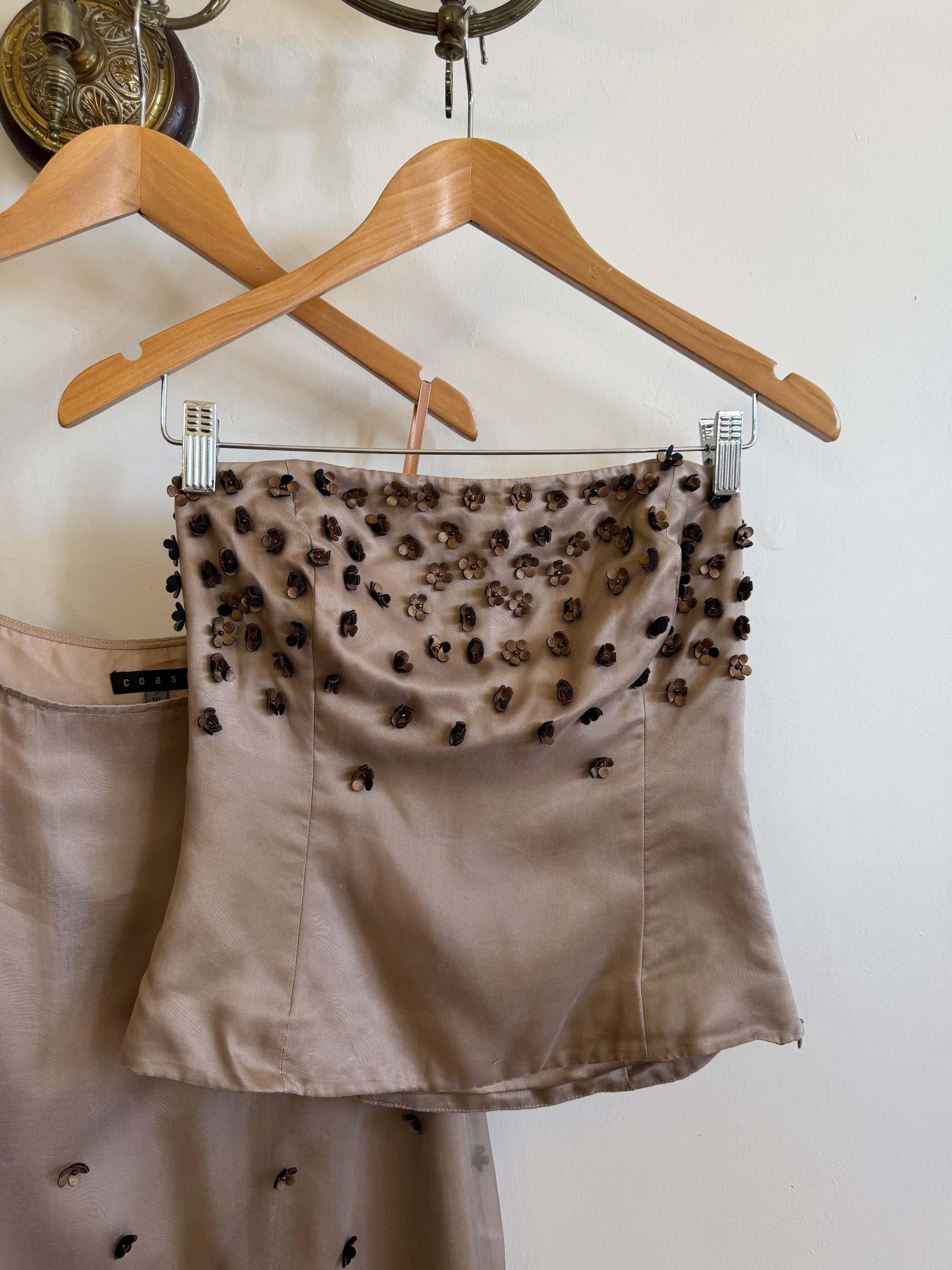 Vintage Y2K Mocha Silk Organza Set With 3D Floral Applique