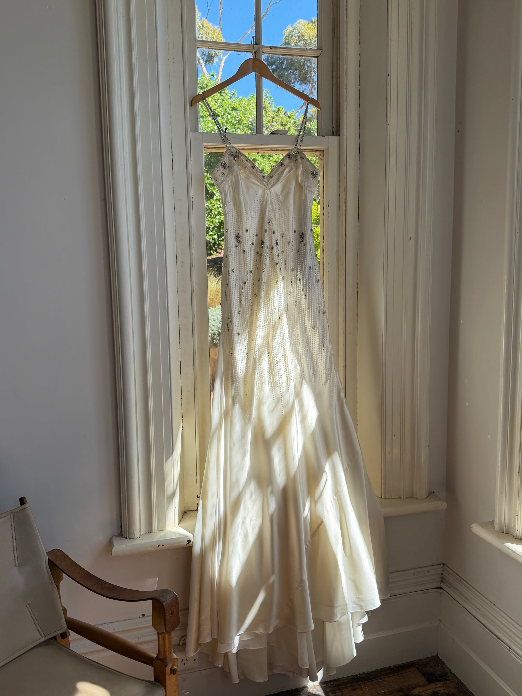 Vintage 90s Italian Crystal and Rhinestone Silk Backless Wedding Gown