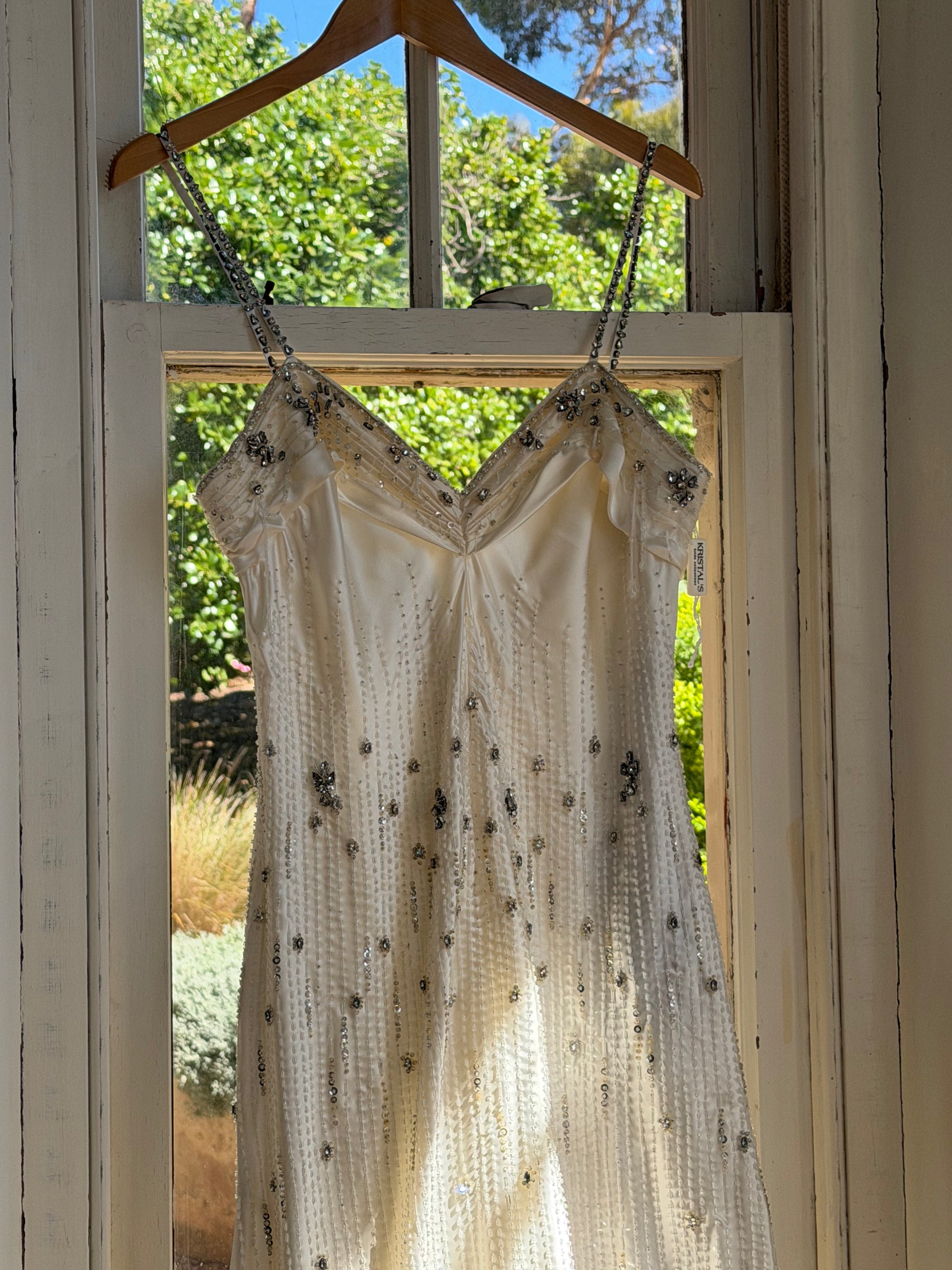 Vintage 90s Italian Crystal and Rhinestone Silk Backless Wedding Gown