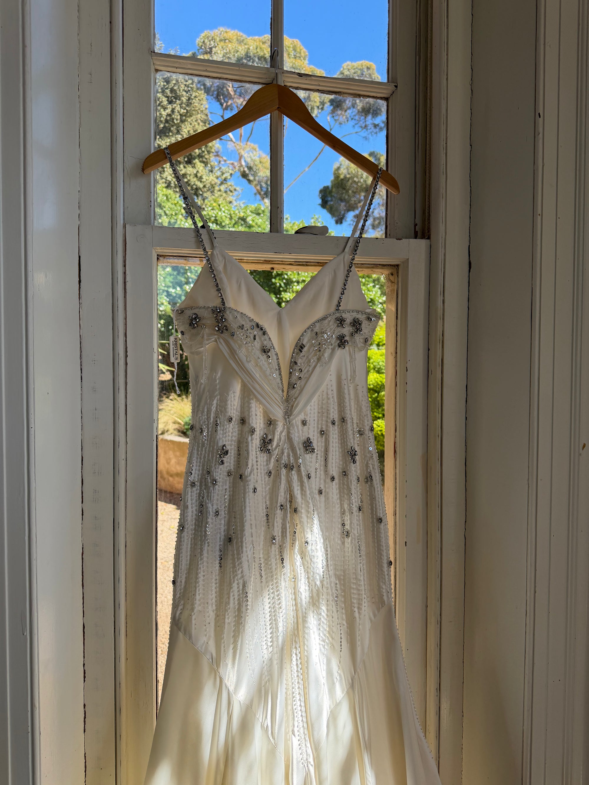 Vintage 90s Italian Crystal and Rhinestone Silk Backless Wedding Gown