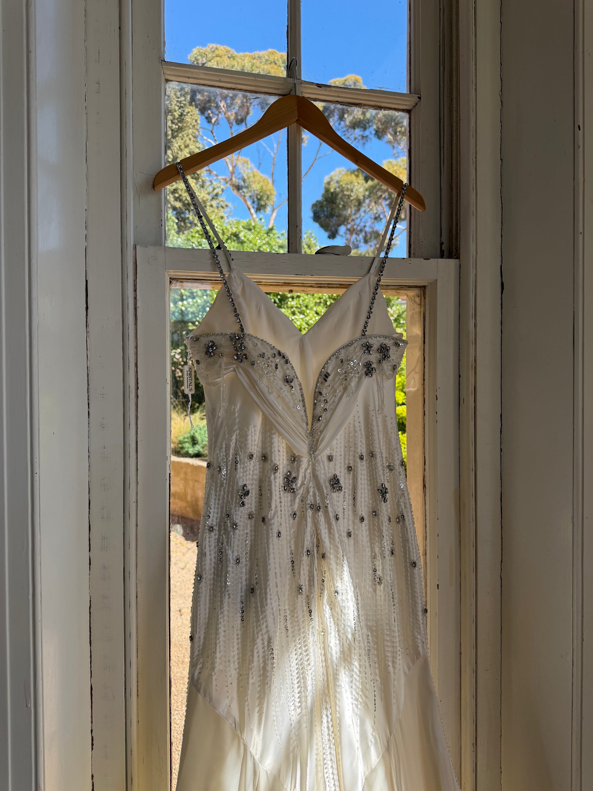 Vintage 90s Italian Crystal and Rhinestone Silk Backless Wedding Gown
