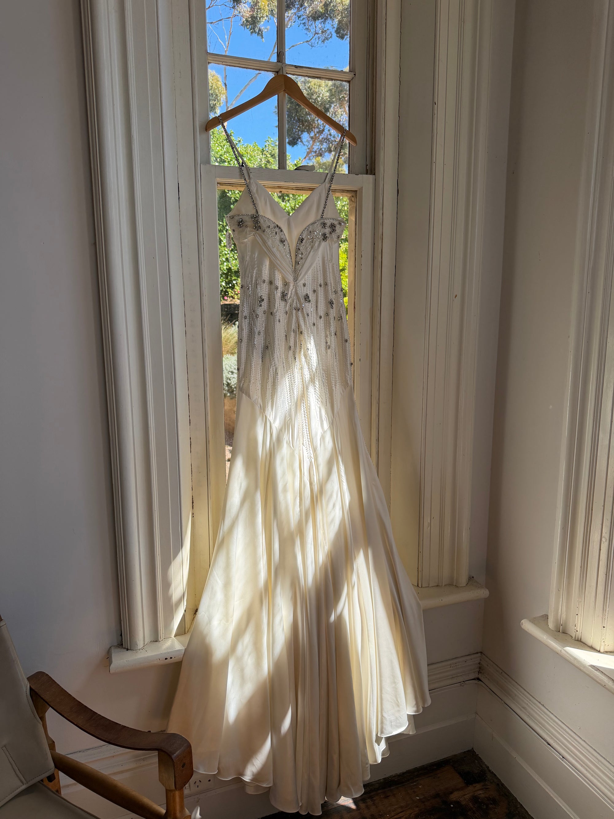 Vintage 90s Italian Crystal and Rhinestone Silk Backless Wedding Gown