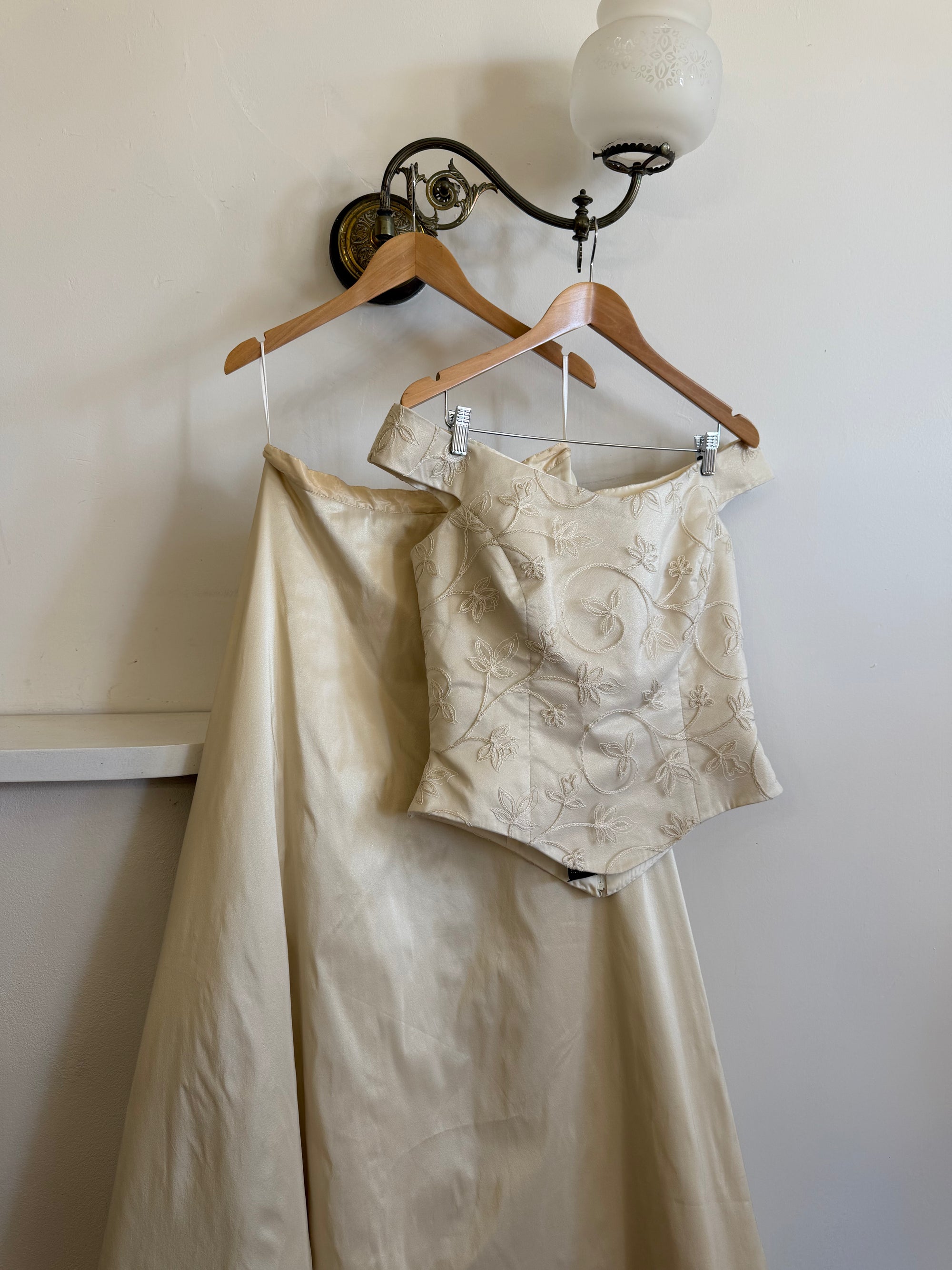 Vintage 90s Italian Embroidered Off Shoulder Two-Piece Bridal Set Fawn