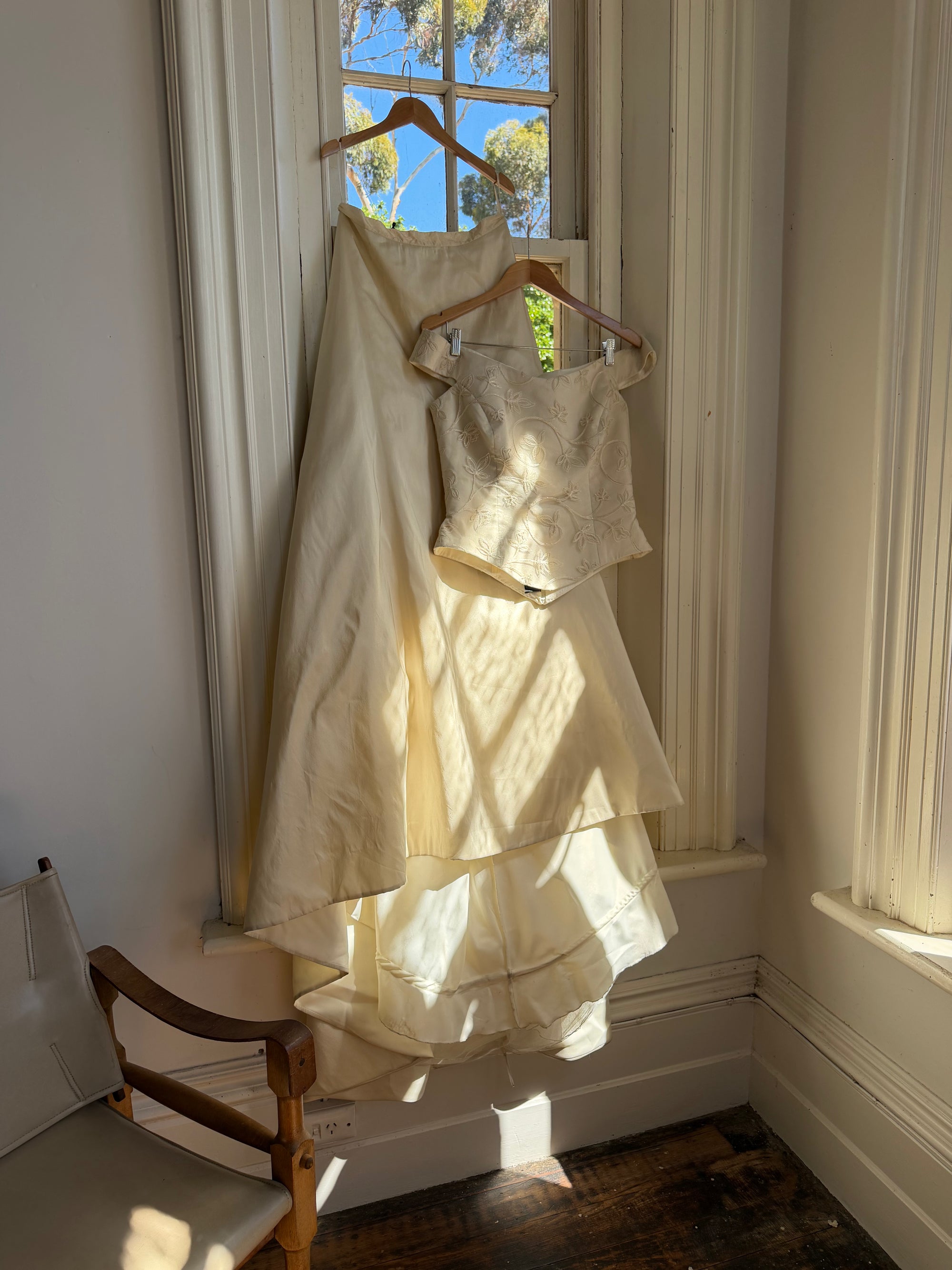 Vintage 90s Italian Embroidered Off Shoulder Two-Piece Bridal Set Fawn