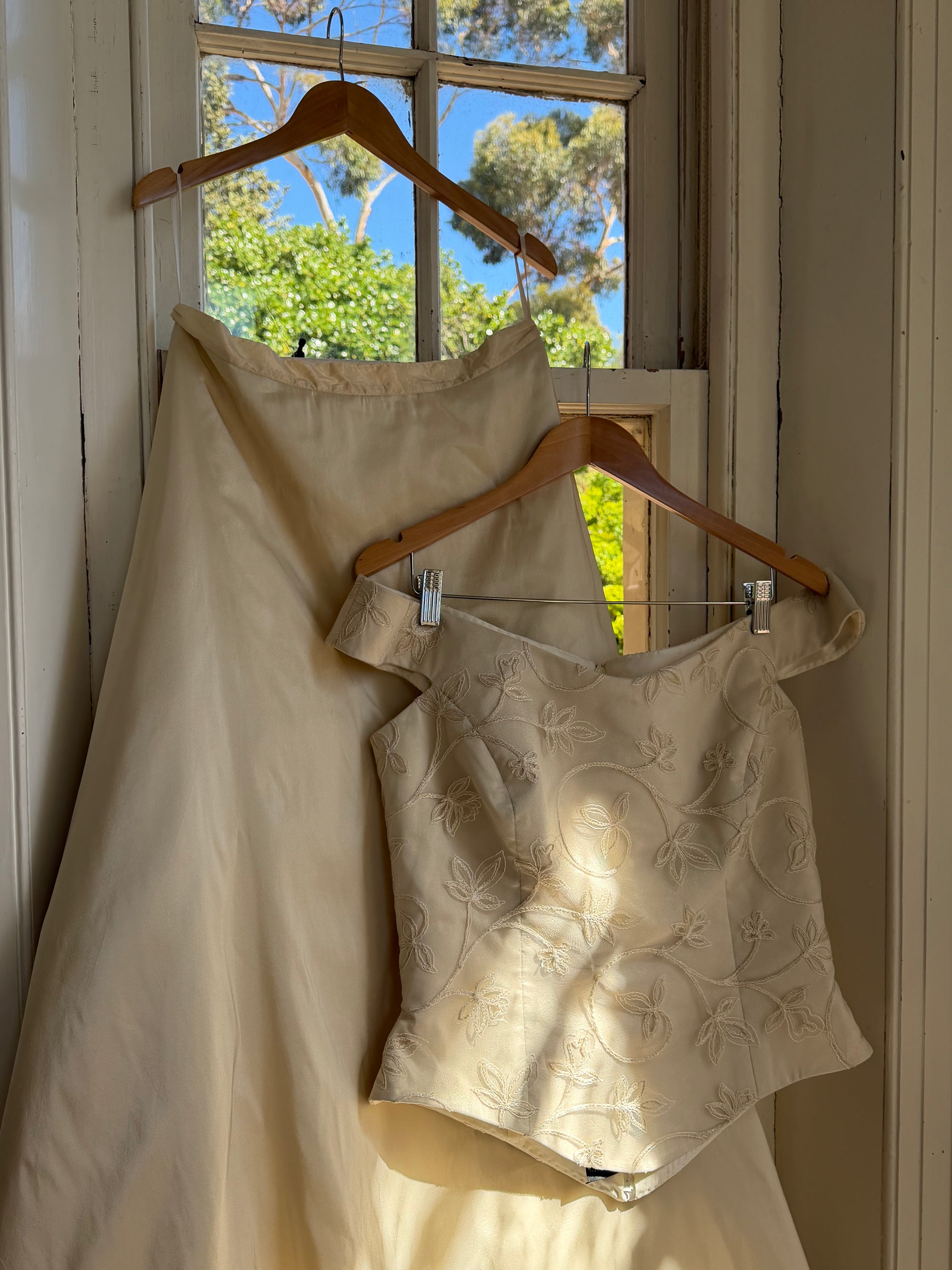 Vintage 90s Italian Embroidered Off Shoulder Two-Piece Bridal Set Fawn
