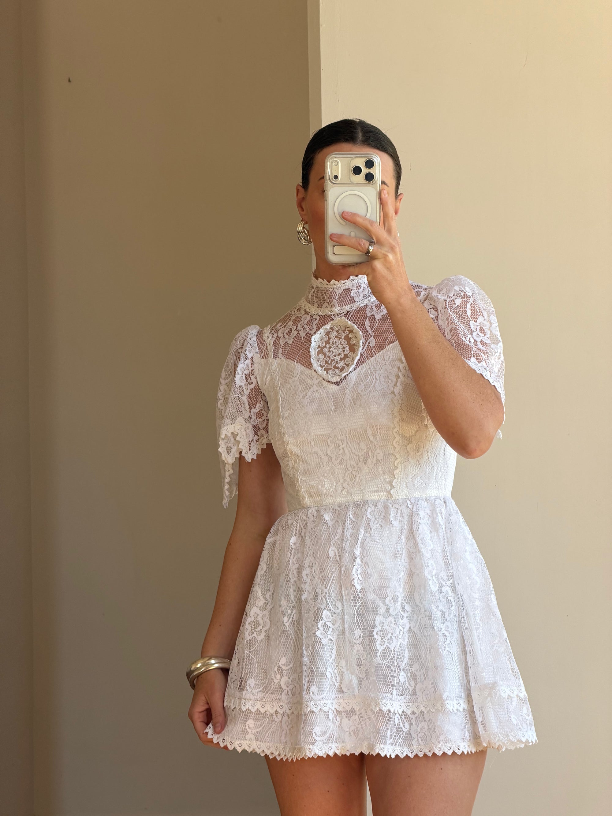 Vintage 70s Prairie Lace Micro Mini Bridal Dress