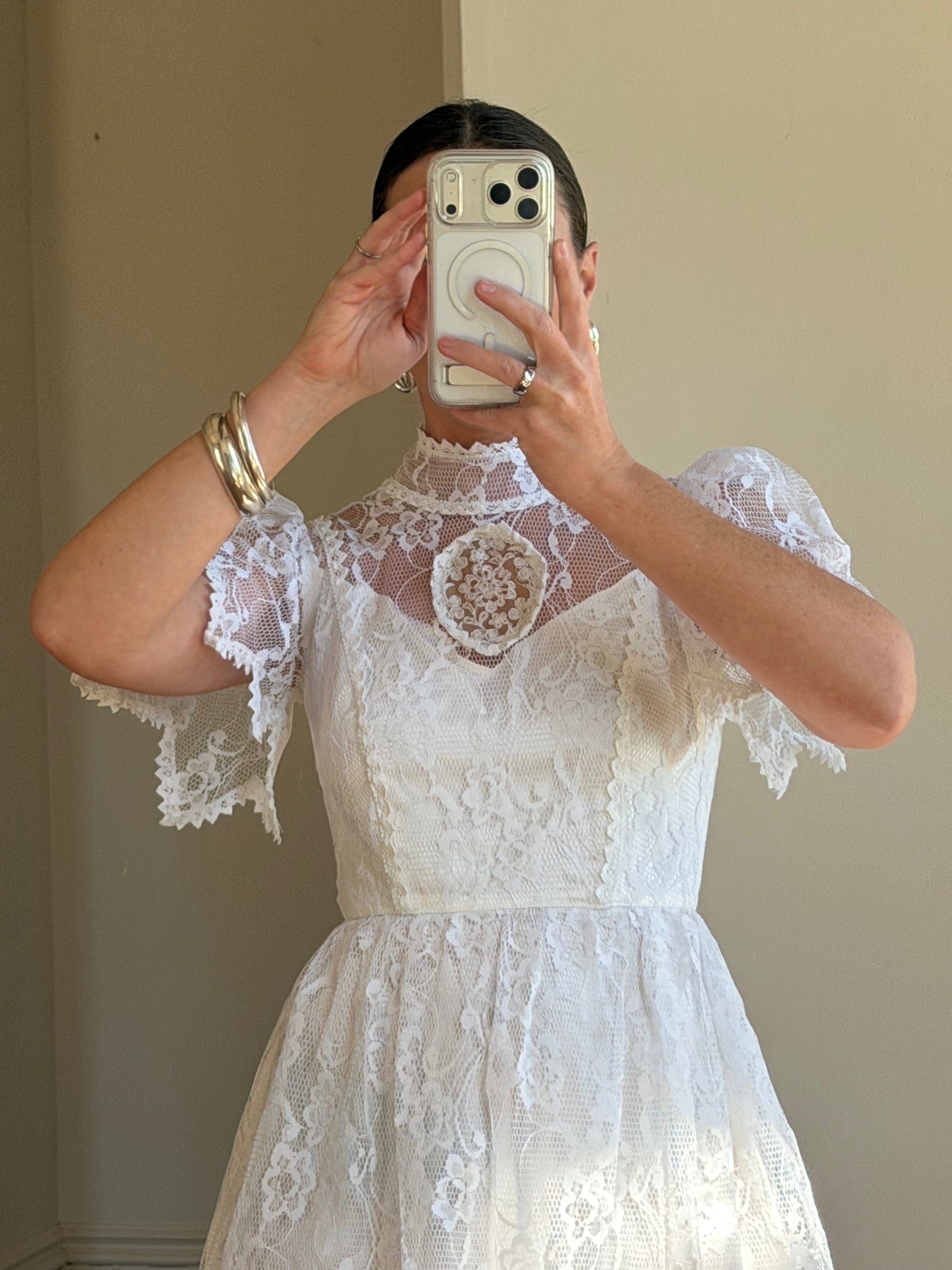 Vintage 70s Prairie Lace Micro Mini Bridal Dress