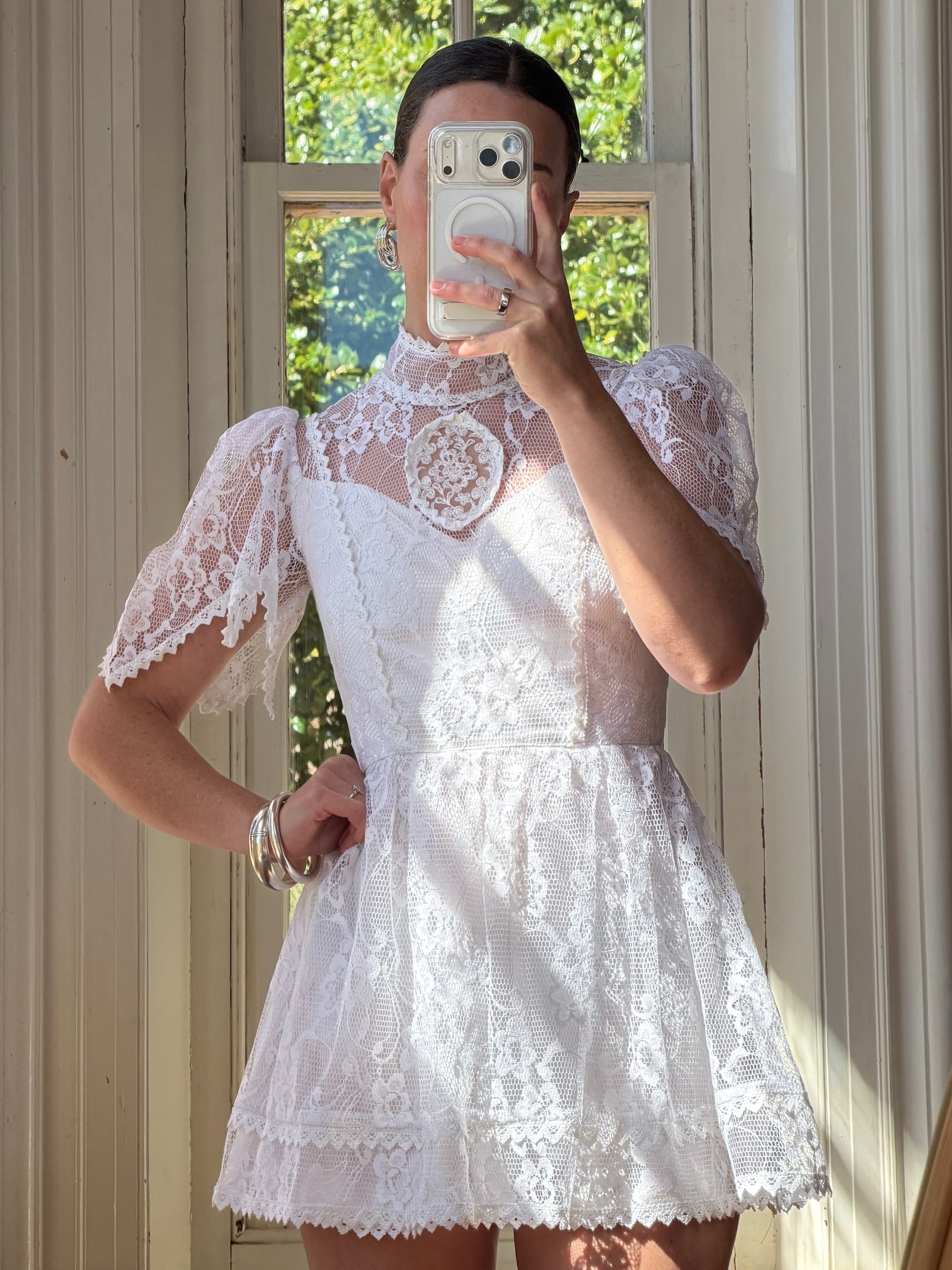 Vintage 70s Prairie Lace Micro Mini Bridal Dress
