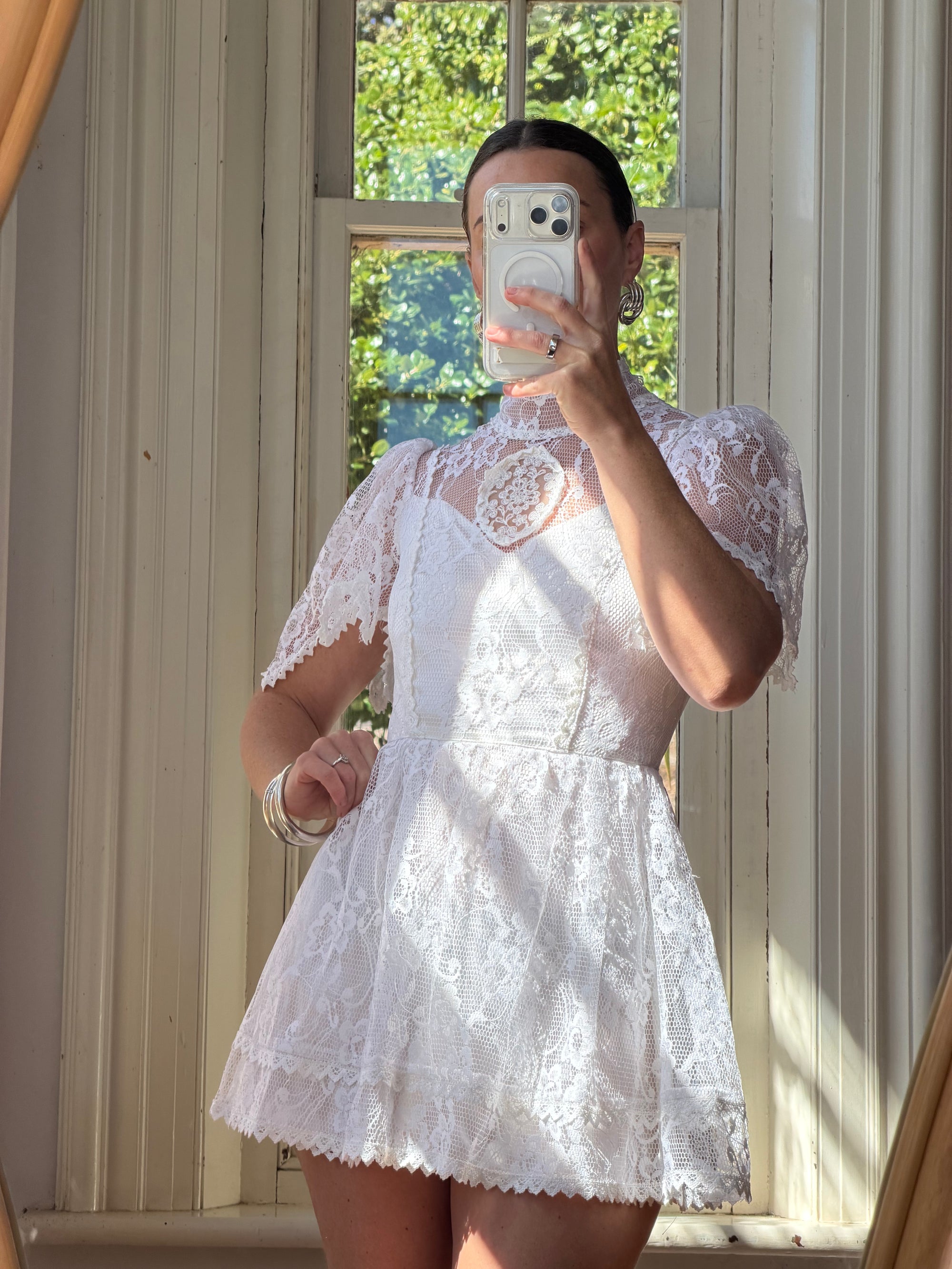 Vintage 70s Prairie Lace Micro Mini Bridal Dress
