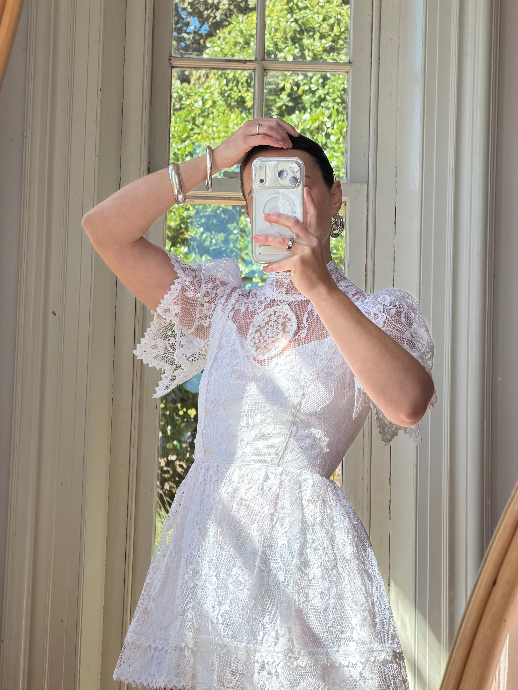Vintage 70s Prairie Lace Micro Mini Bridal Dress