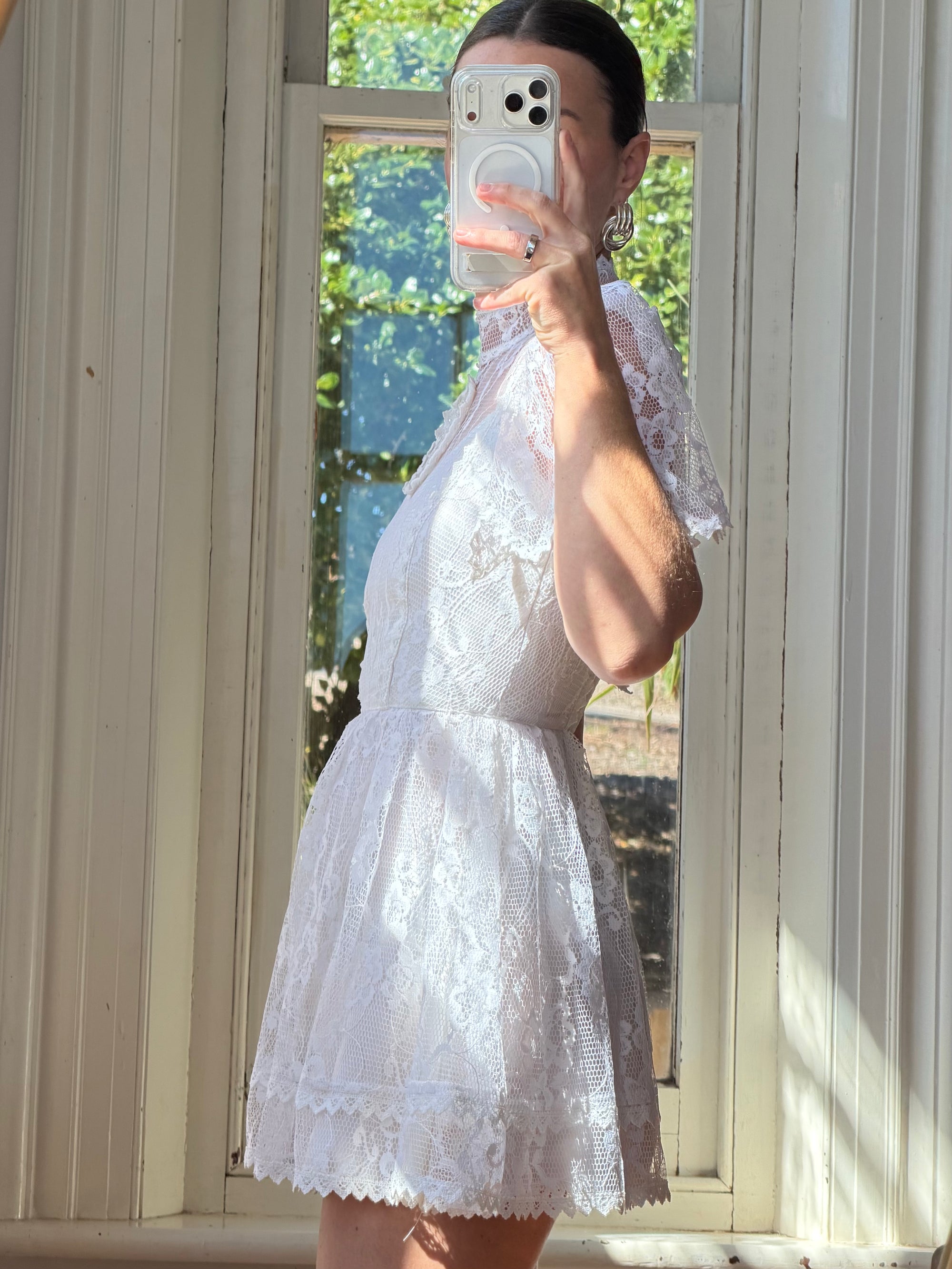 Vintage 70s Prairie Lace Micro Mini Bridal Dress