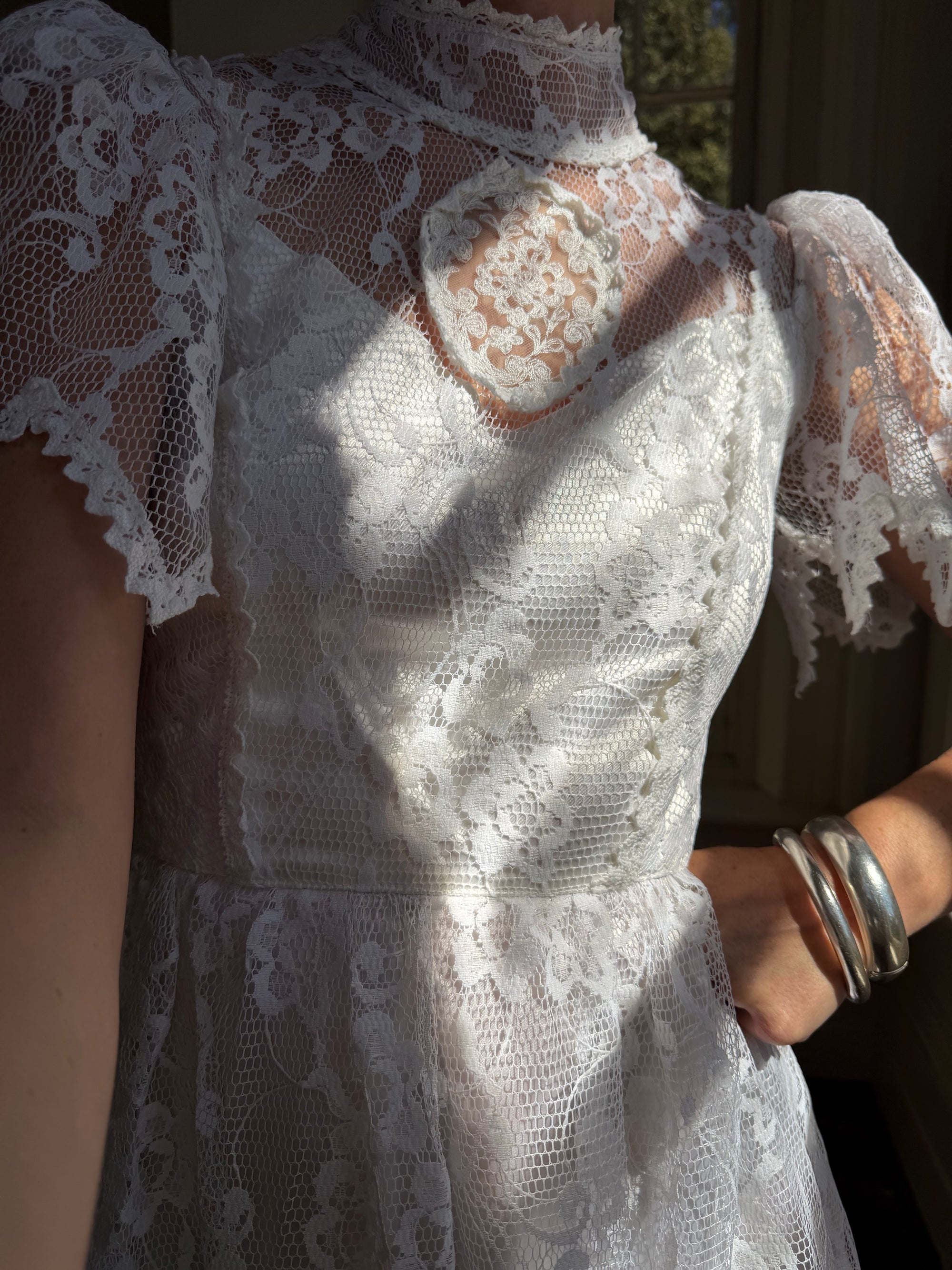 Vintage 70s Prairie Lace Micro Mini Bridal Dress