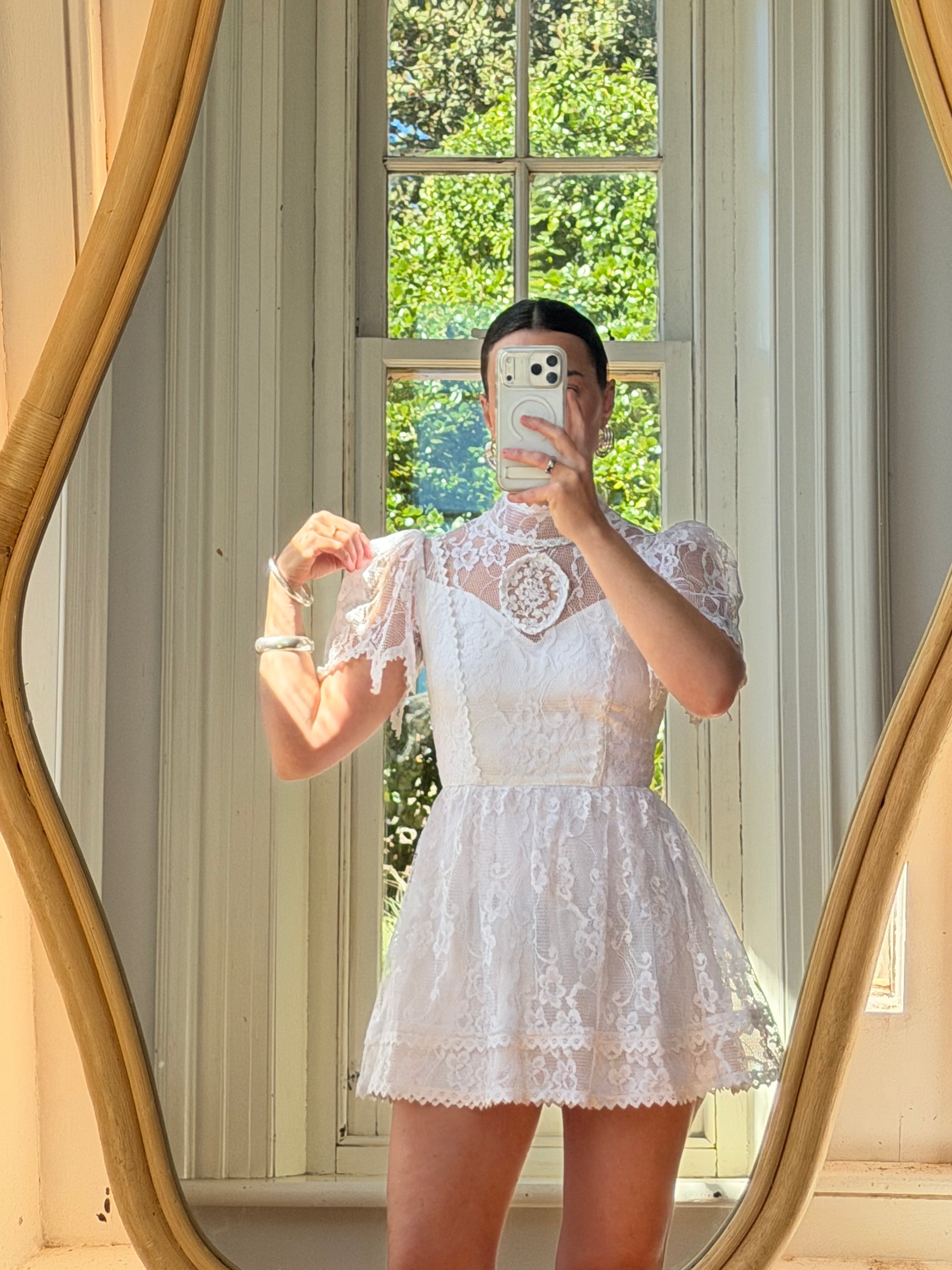Vintage 70s Prairie Lace Micro Mini Bridal Dress